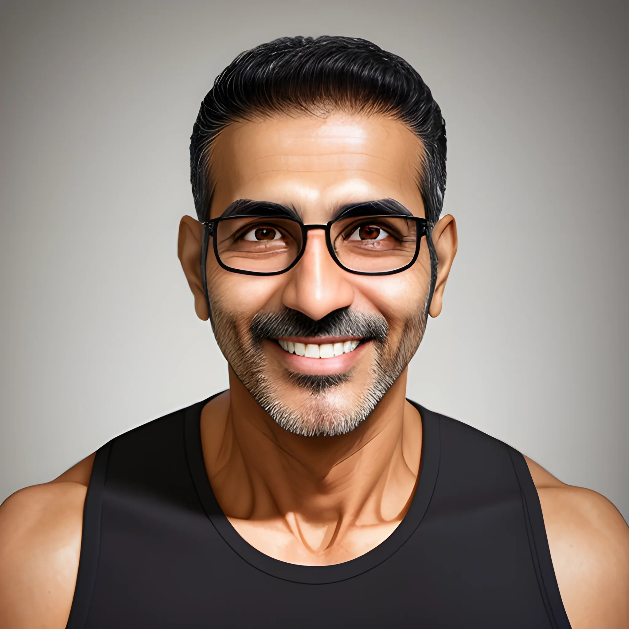 shoulders and head portrait of 45 years old athletic skinny light smiling saudi male with abundant short braun hair with a part in the left side and brown eyes, roman nose, discreet squared glasses with tanned skin and three-day black stubble
