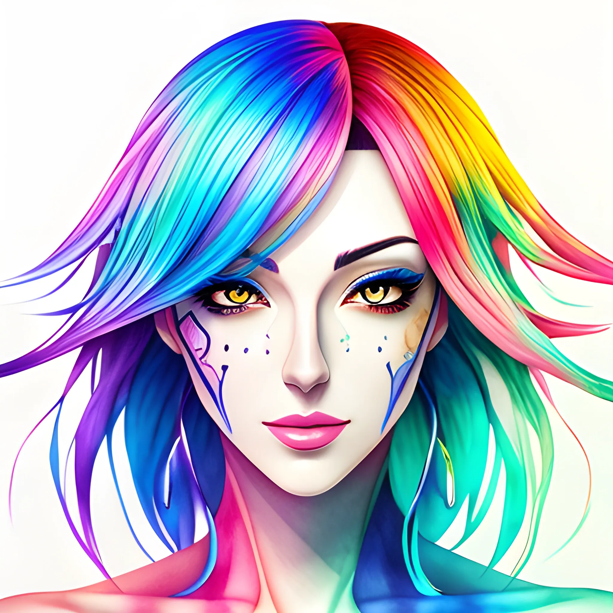 A young girl, colorful anime decoration, hyper-realistic portrait style,, 3D, Water Color, Trippy