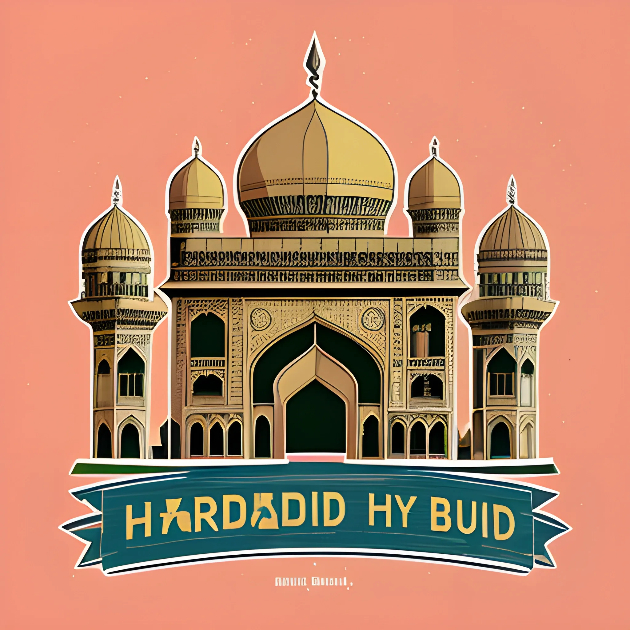 Haydrabad slogan, charminar of hydrabad and other buildings vintage, vector, t-shirt design, bright background, Pencil Sketch, 3D