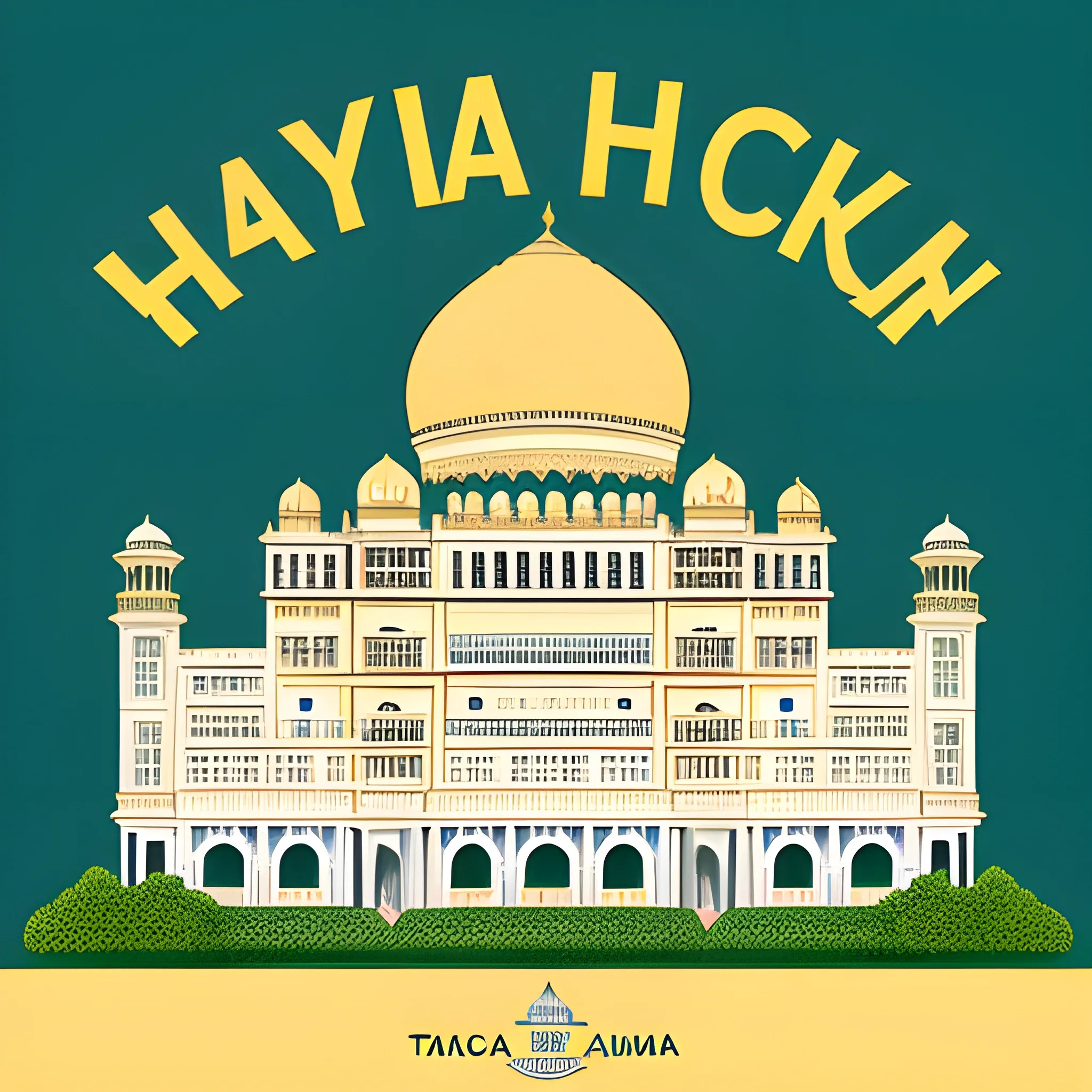 Hyderabad slogan, Taj Falaknuma Palace of Hyderabad and Nicobar and other buildings vintage, vector, t-shirt design, bright background, Pencil Sketch