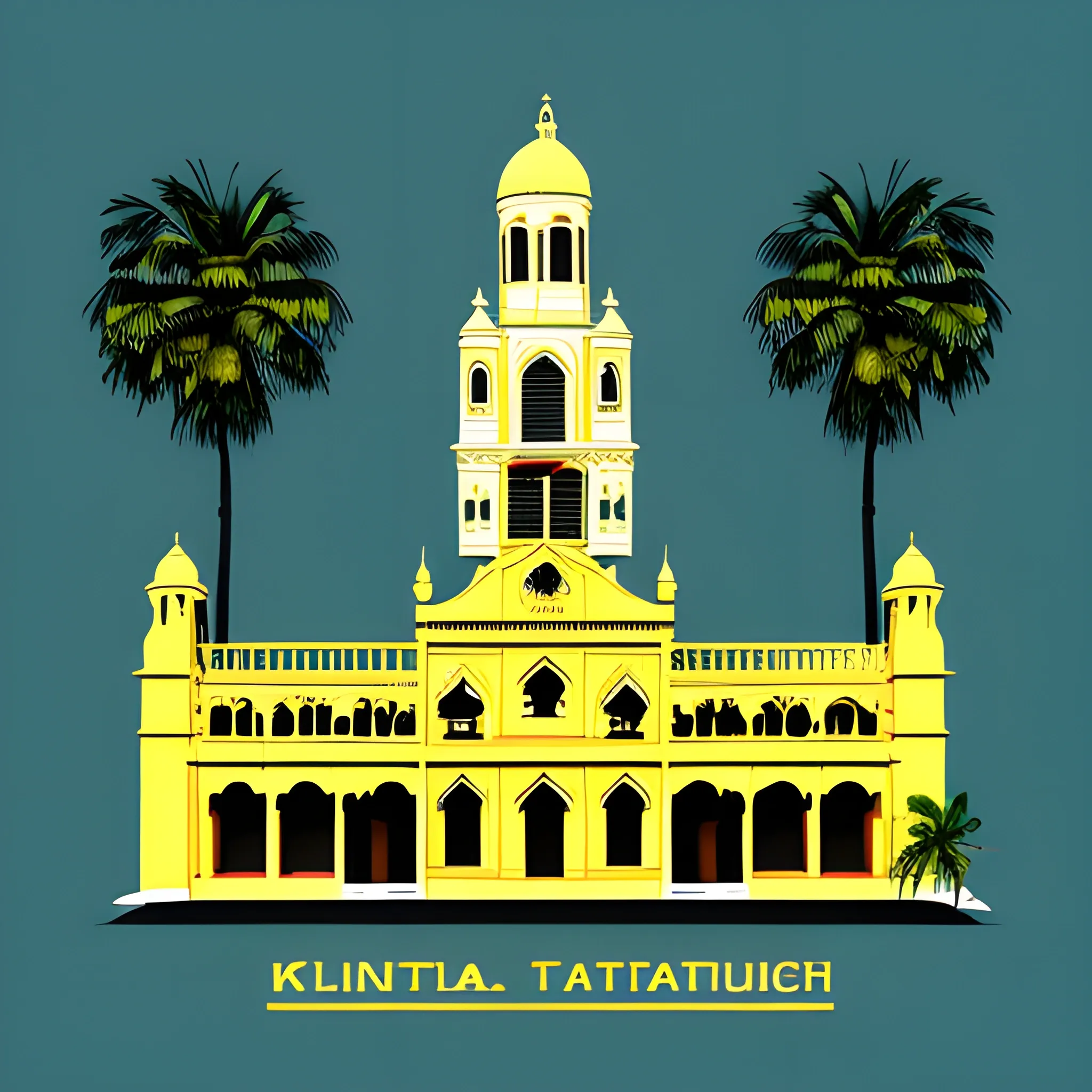 Kerala slogan, Santa Cruz Cathedral Basilica Fort Kochi of Kochi and other buildings vintage, vector, t-shirt design, bright background,, 3D