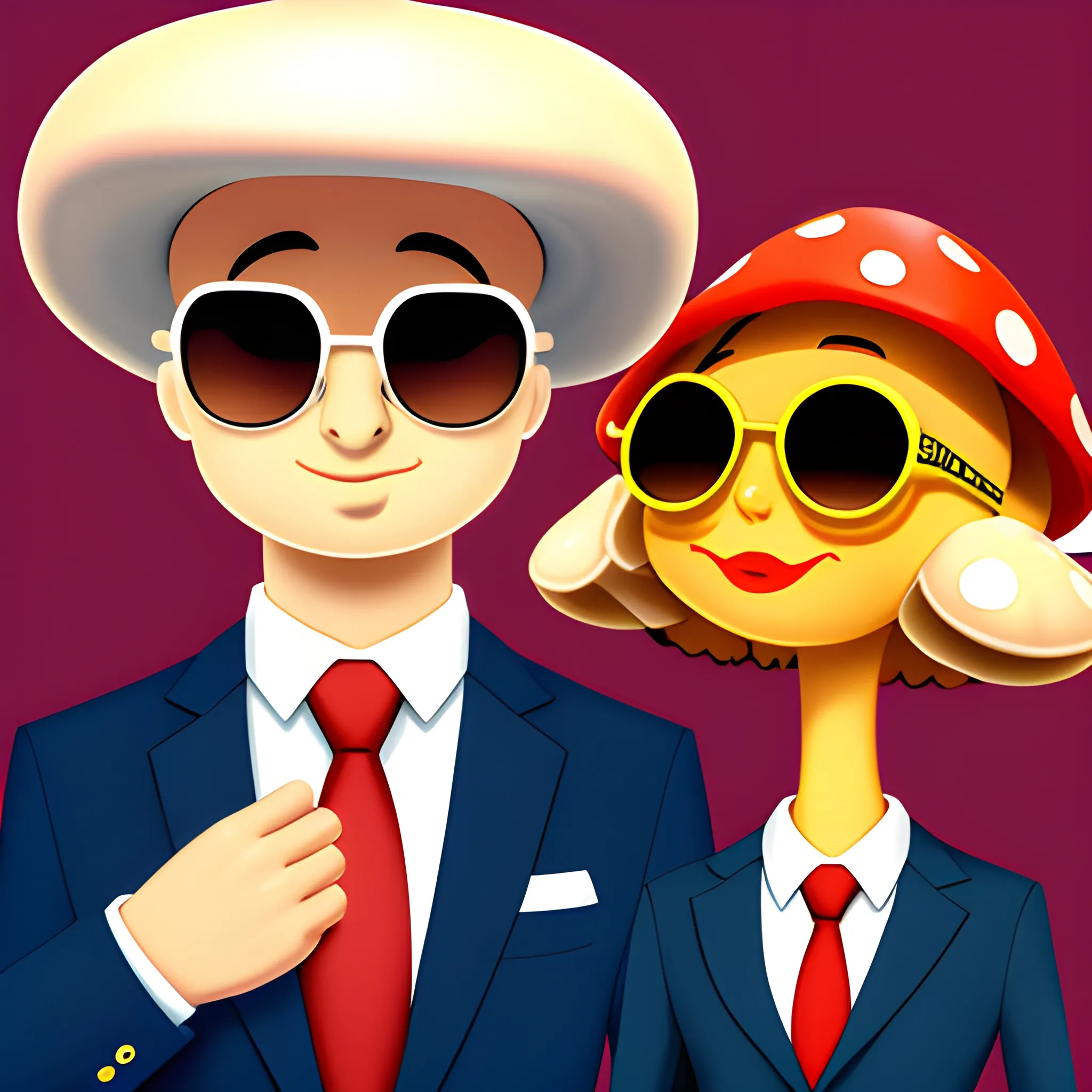 , Cartoon, mushroom with human face, sunglasses, formal suit