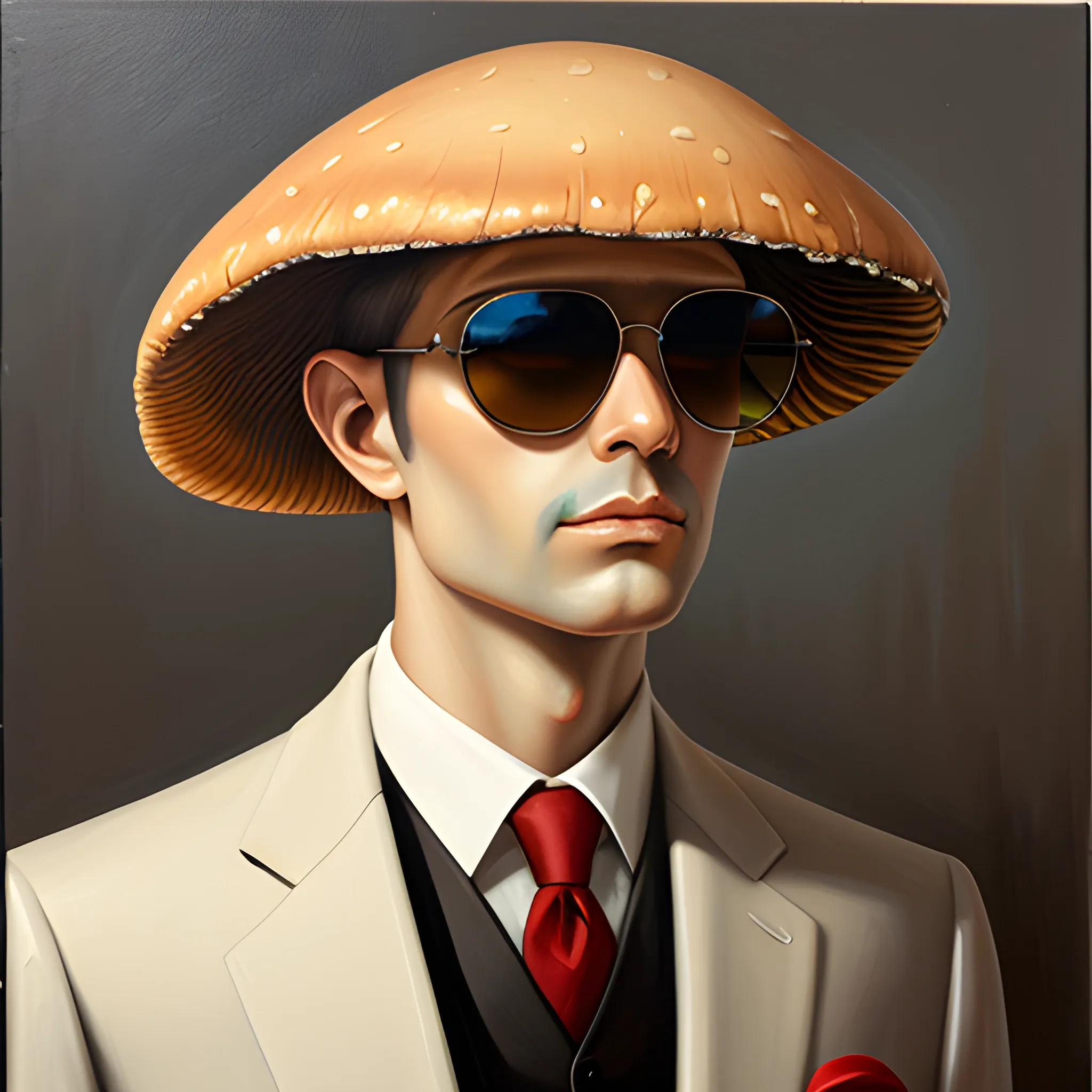 , oil painting, mushroom with human face, sunglasses, formal suit