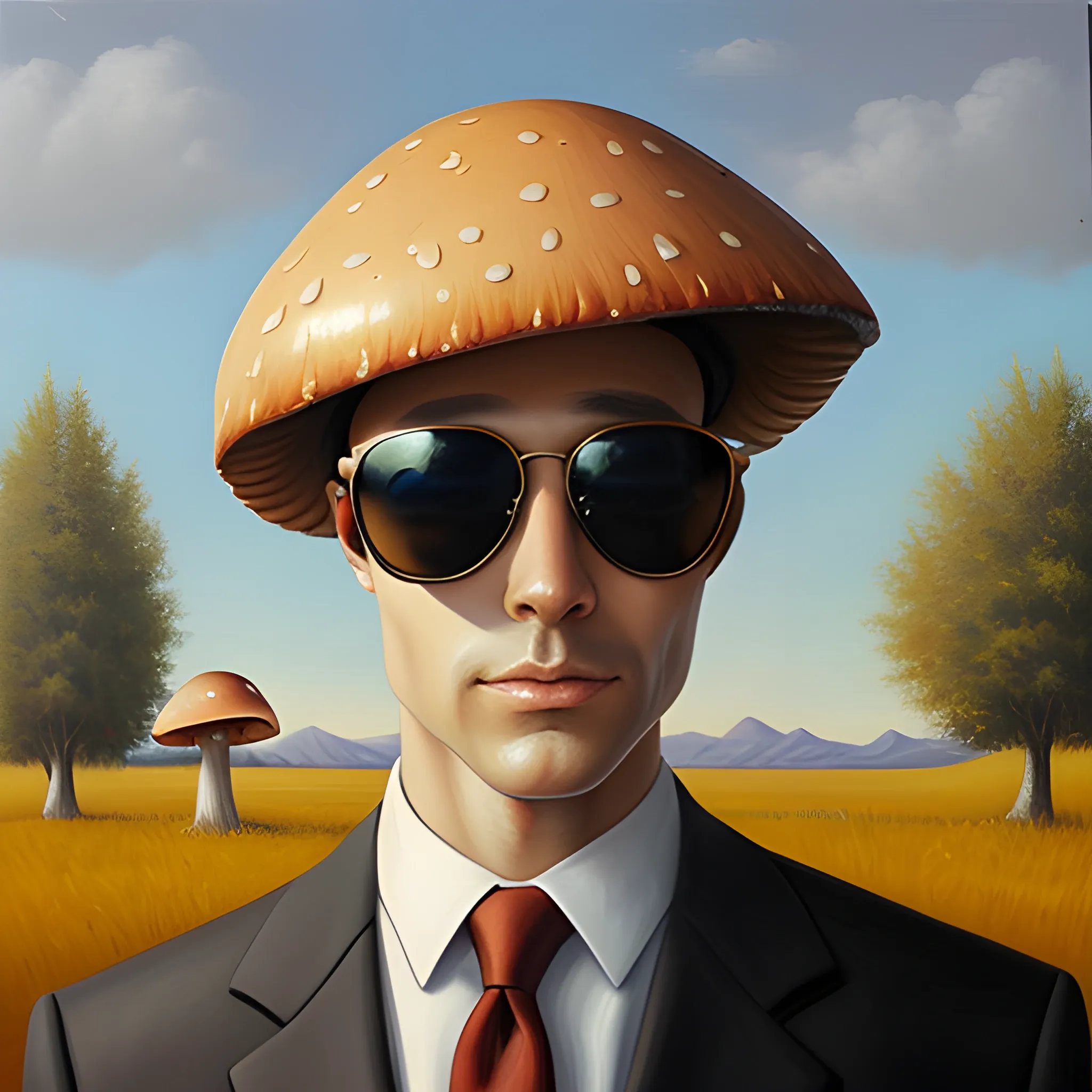 , oil painting, mushroom with human face, sunglasses, formal suit