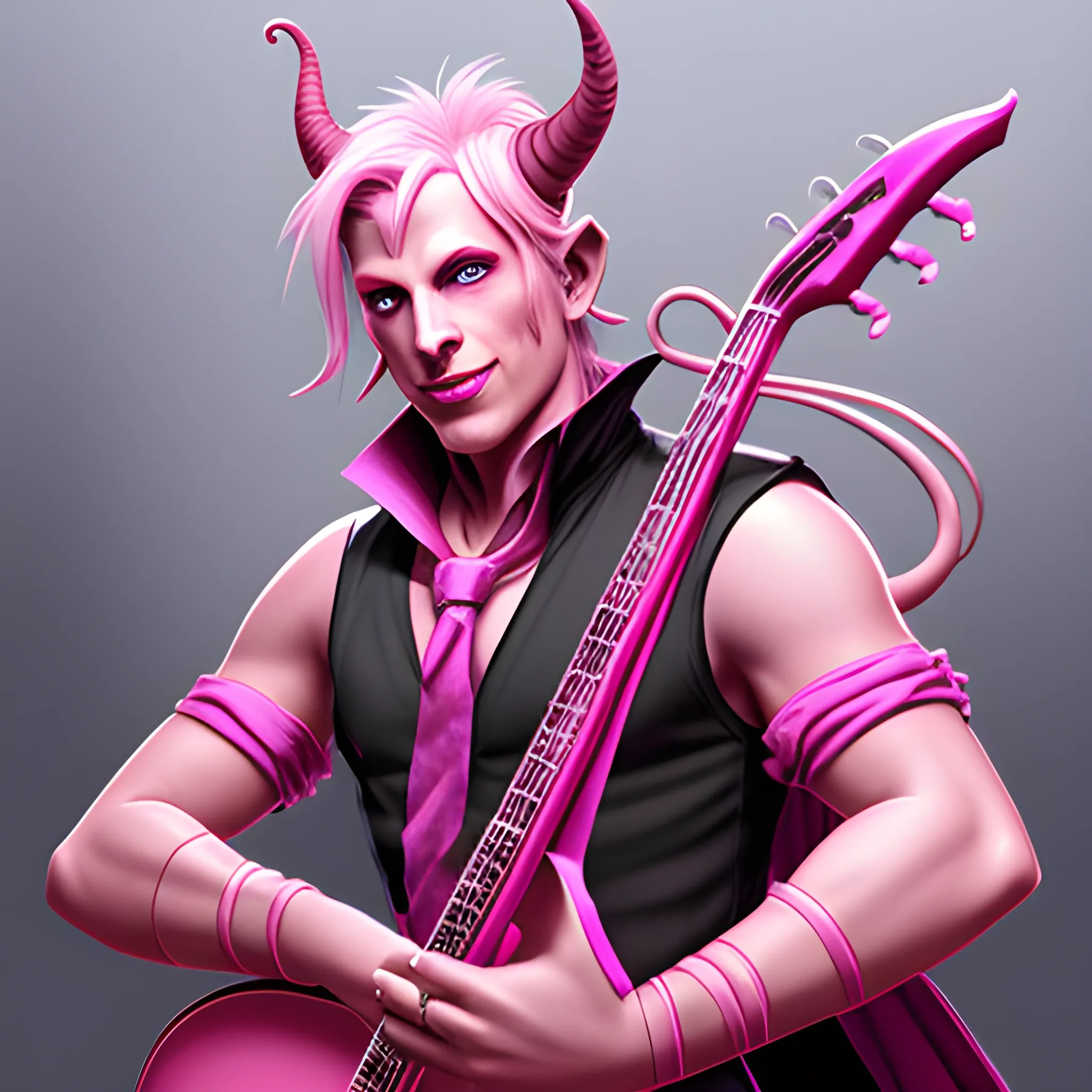 Pink tiefling man, musician, final fantasy