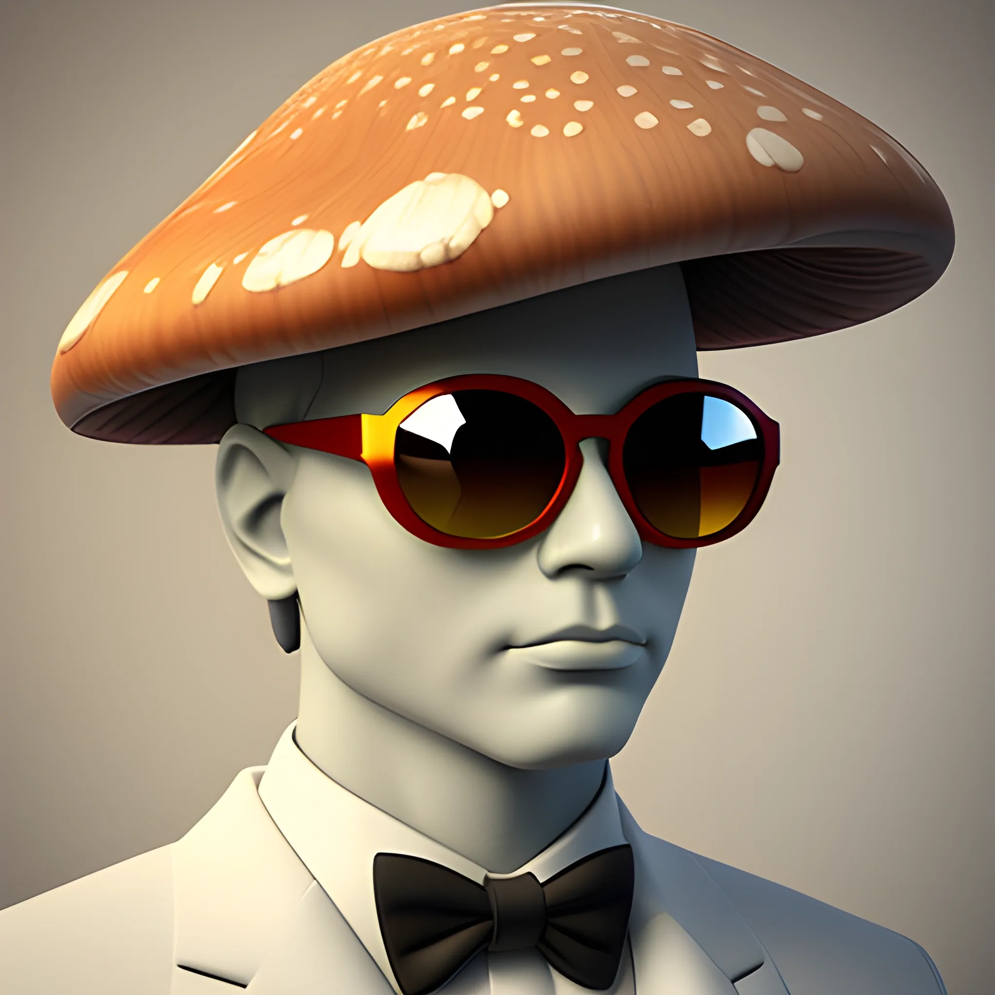 , 3D art, mushroom with human face, sunglasses, formal suit