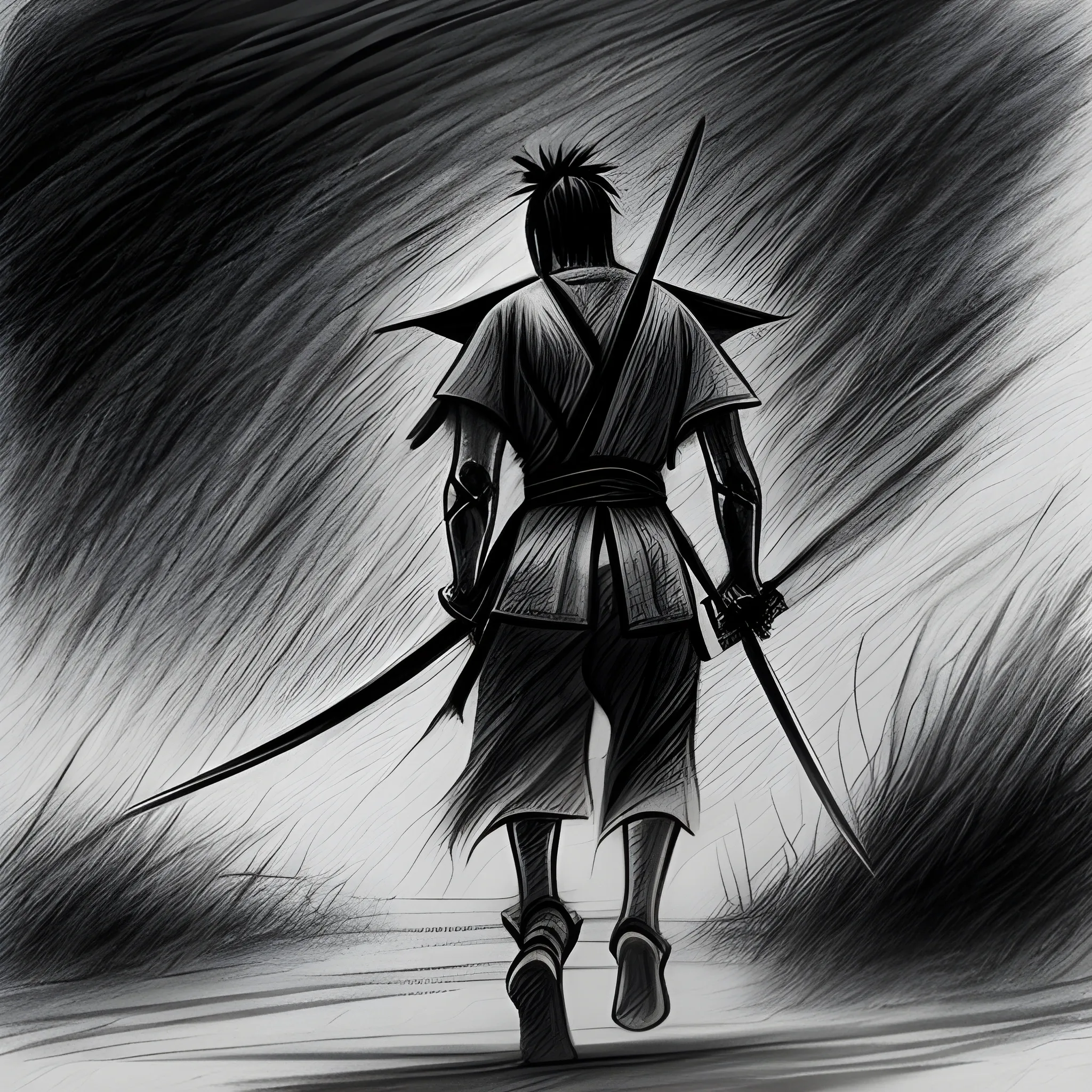 , Pencil Sketch, one armed samuraii walking to the sunset