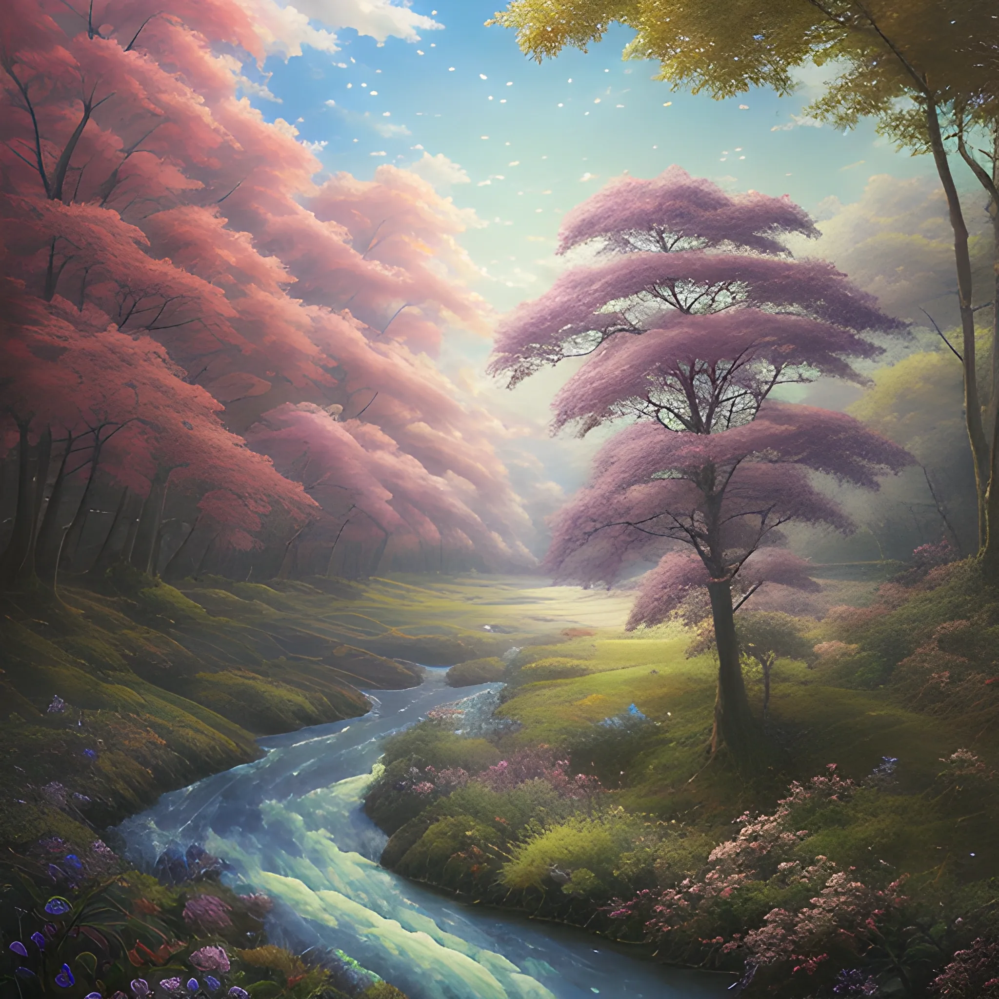 Akihito Yoshida oil painting style, highly detailed, free, fantasy, beautiful nature, with trees and a belgian river, Trippy
