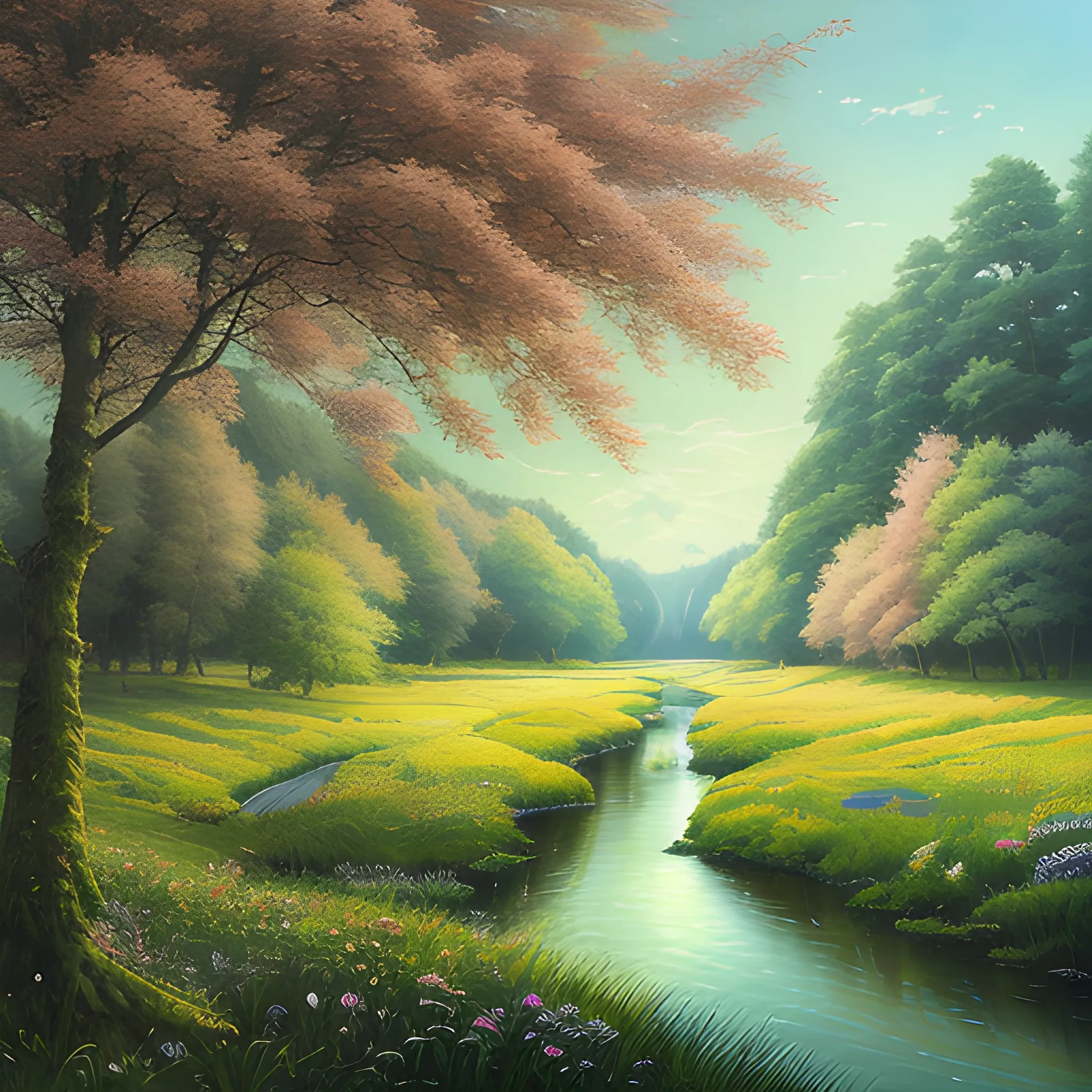 Akihito Yoshida oil painting style, highly detailed, free, fantasy, beautiful nature, with trees and a wide meadow belgian river, Trippy