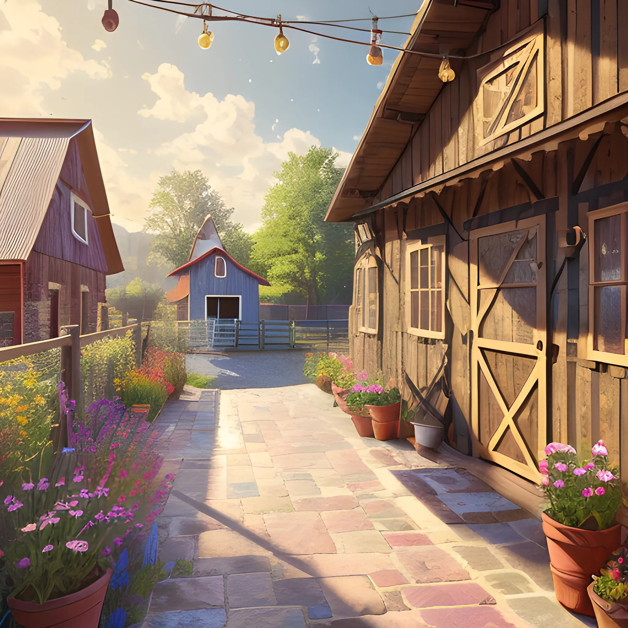 a barn guesthouse terrace, pavement,  boho style, bright summer day, scene with excellent lighting and vibrant colors. highly detailed, depth of field, perfect composition, beautiful detailed intricate insanely detailed octane render trending on artstation, 8 k artistic photography, photorealistic concept art, soft natural volumetric cinematic perfect light, , masterpiece, oil on canvas, 