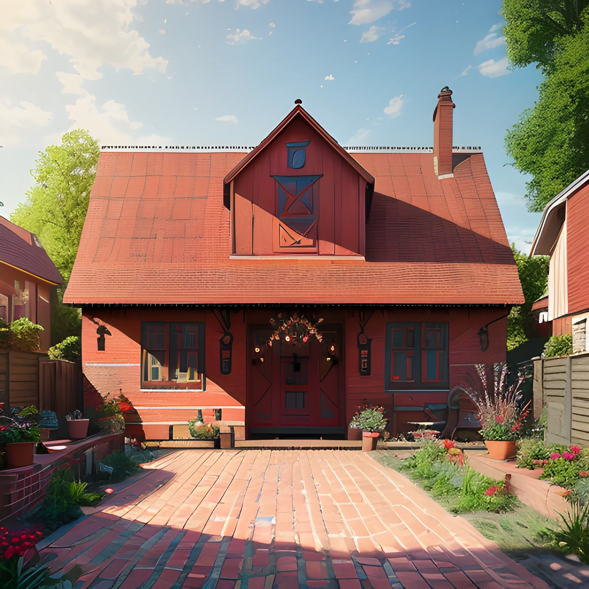 a barn guesthouse with red bricks terrace, pavement,  boho style, bright summer day, scene with excellent lighting and vibrant colors. highly detailed, depth of field, perfect composition, beautiful detailed intricate insanely detailed octane render trending on artstation, 8 k artistic photography, photorealistic concept art, soft natural volumetric cinematic perfect light, , masterpiece, oil on canvas, 