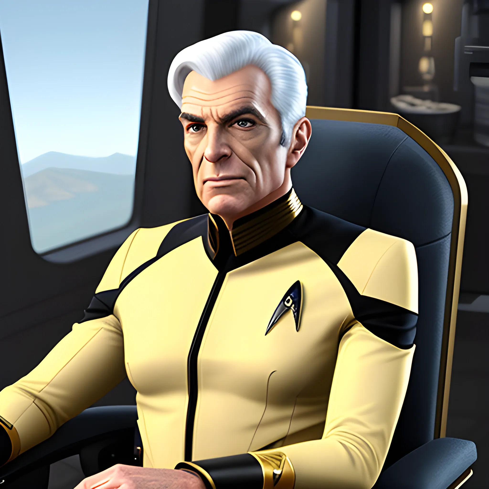 young star trek captain sitting in chair, photorealistic