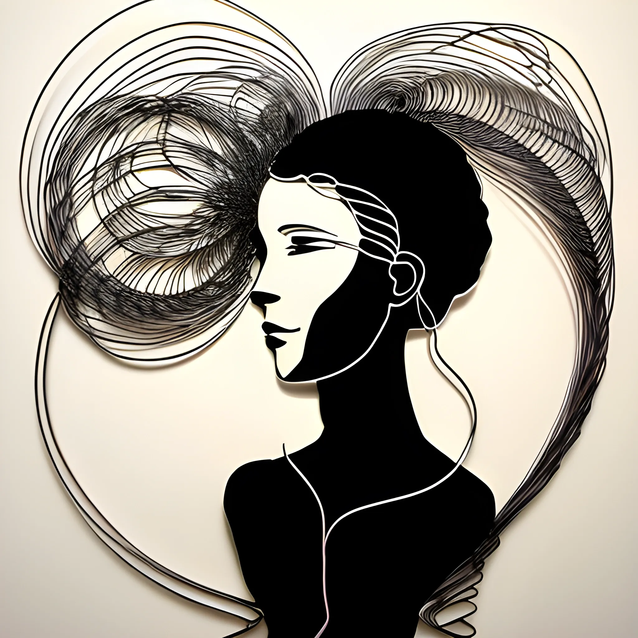 complex wire art, emotional female features, silhouette, one line drawings, curves, twirls and spirals