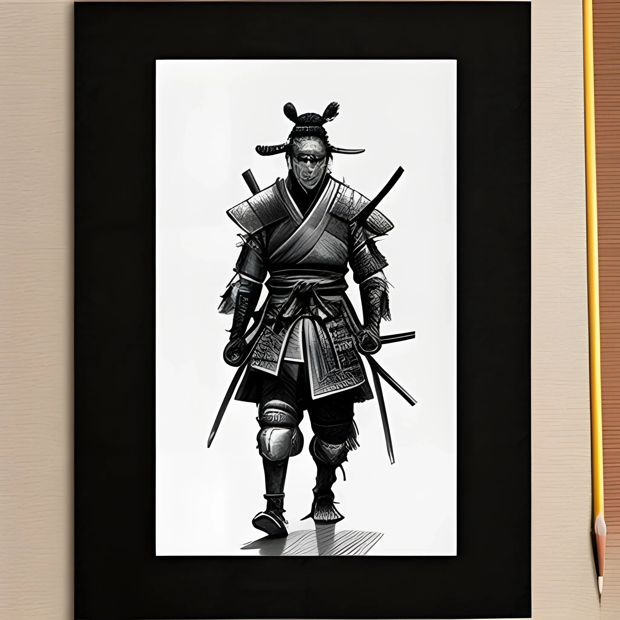 ,Pencil Sketch, one handed samurai walking to the sunset