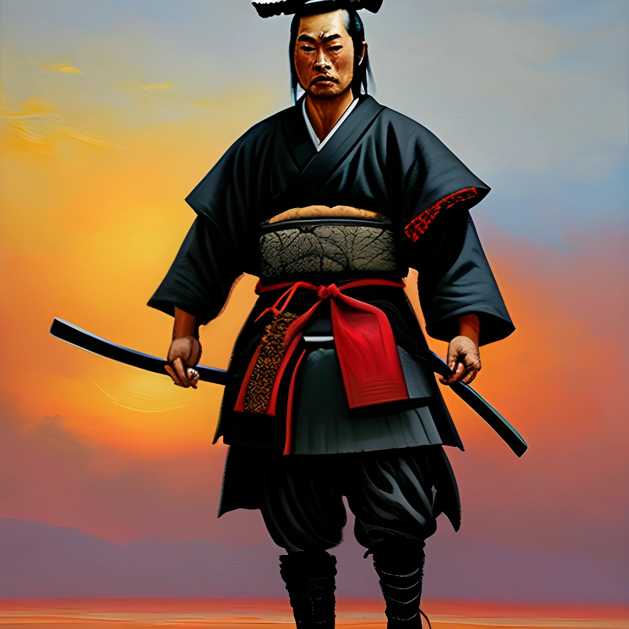 oil painting, one handed samurai walking to the sunset