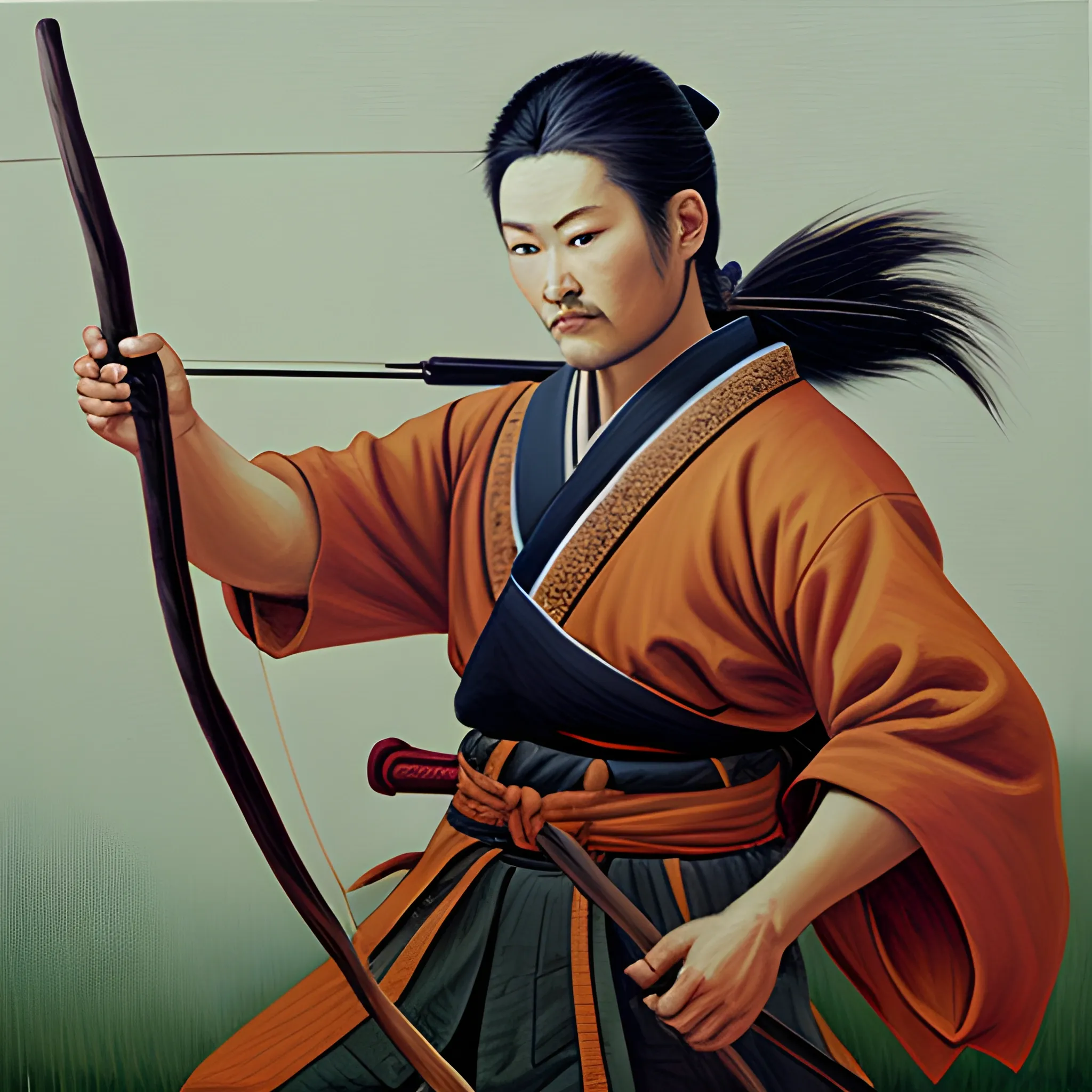 oil painting, samuraii holding a bow