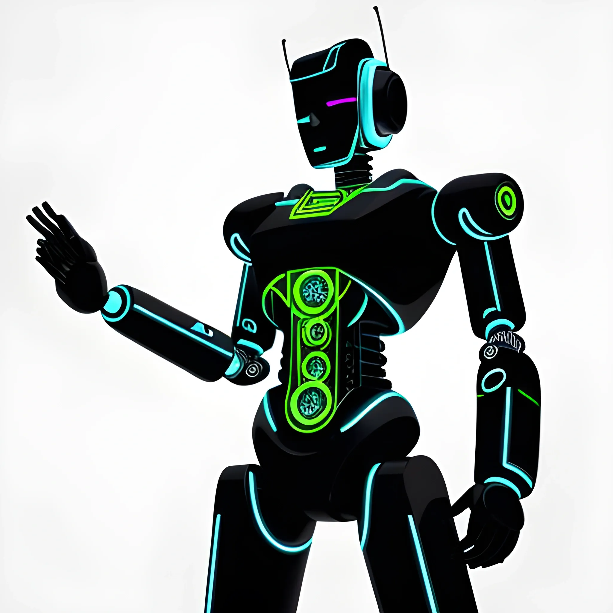 a model of a neon robot with black outlines stands on a white background