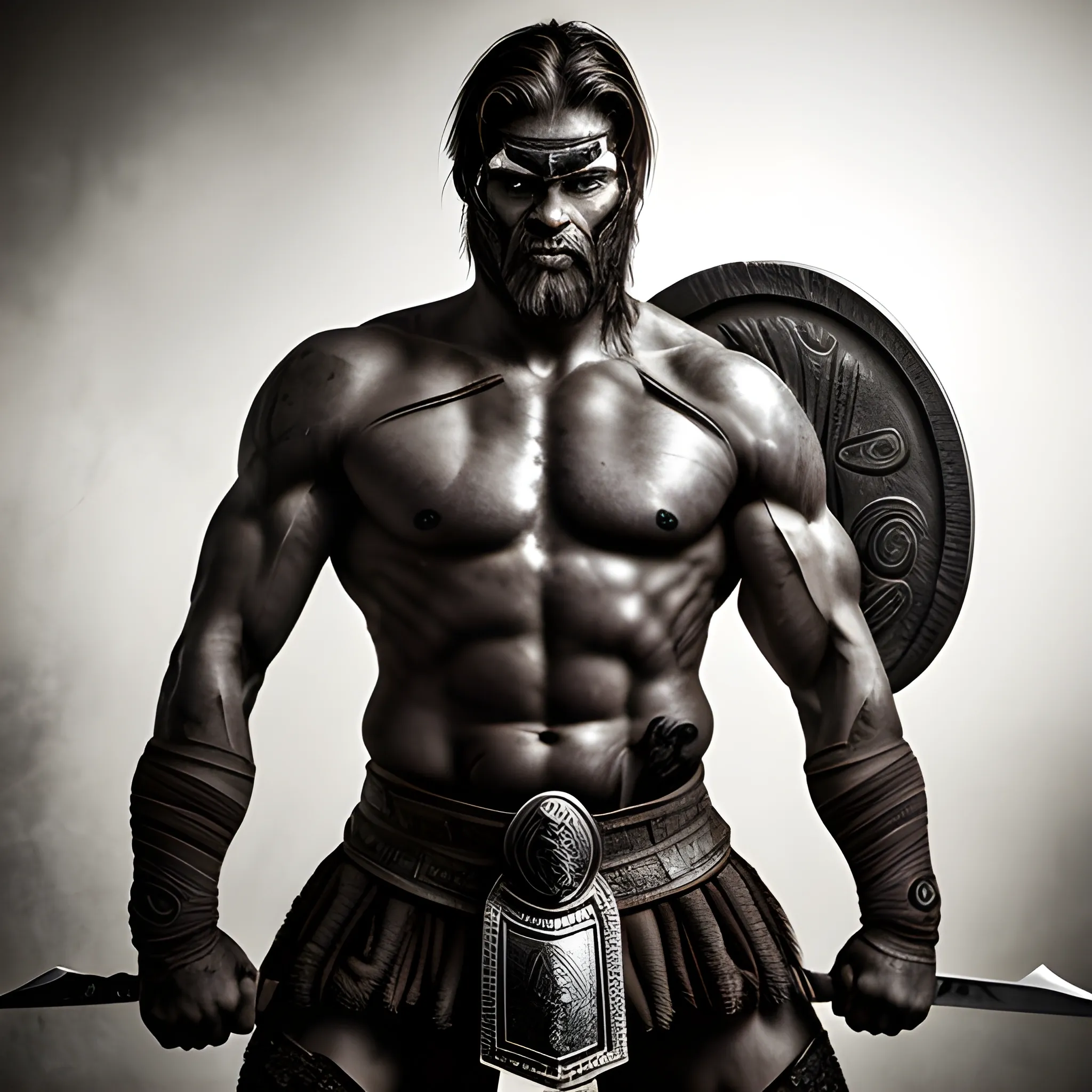 realistic photo spartan strong warrior fighting and looking at the camera with aggressive face and brandishing his sword