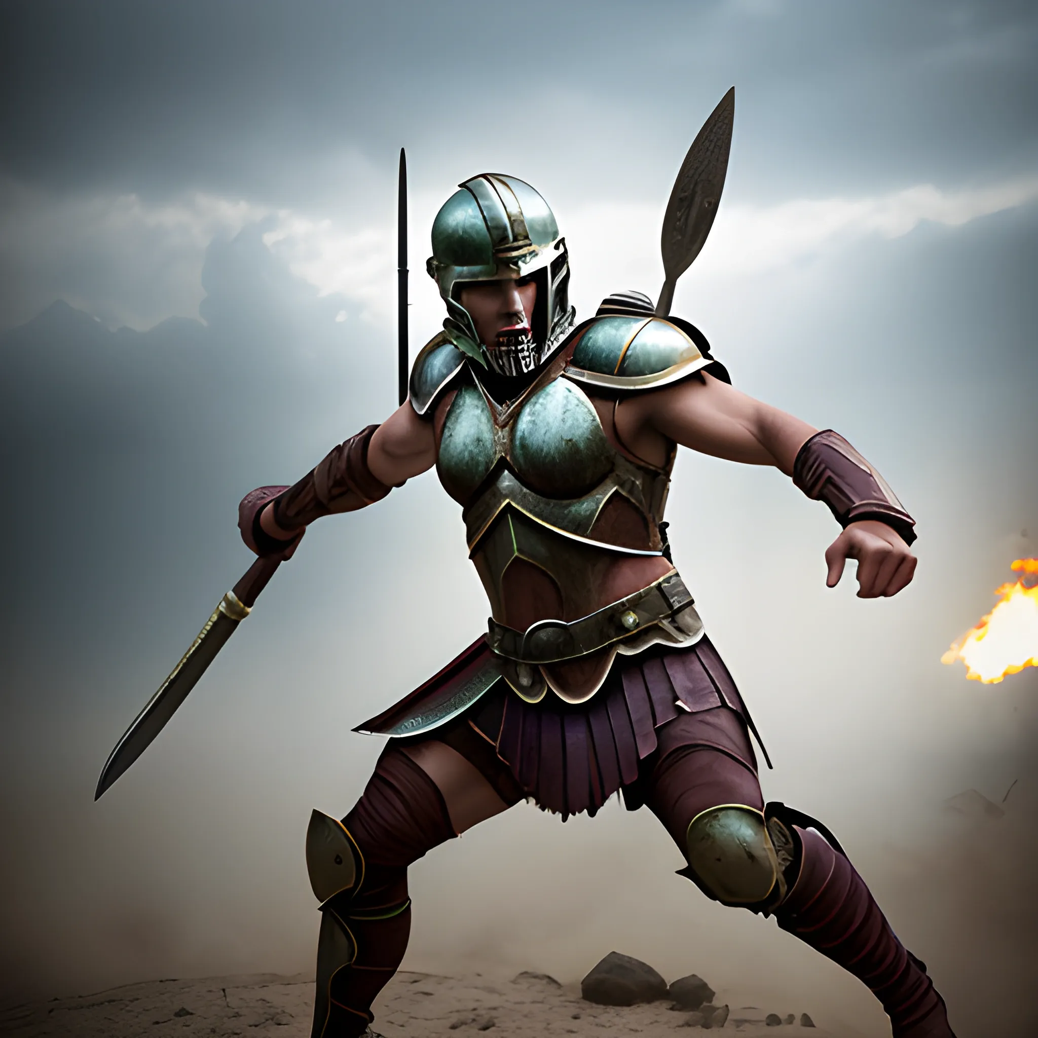 realistic photo gladiator with spartan helmet fighting with his weapon and jumping on the enemy