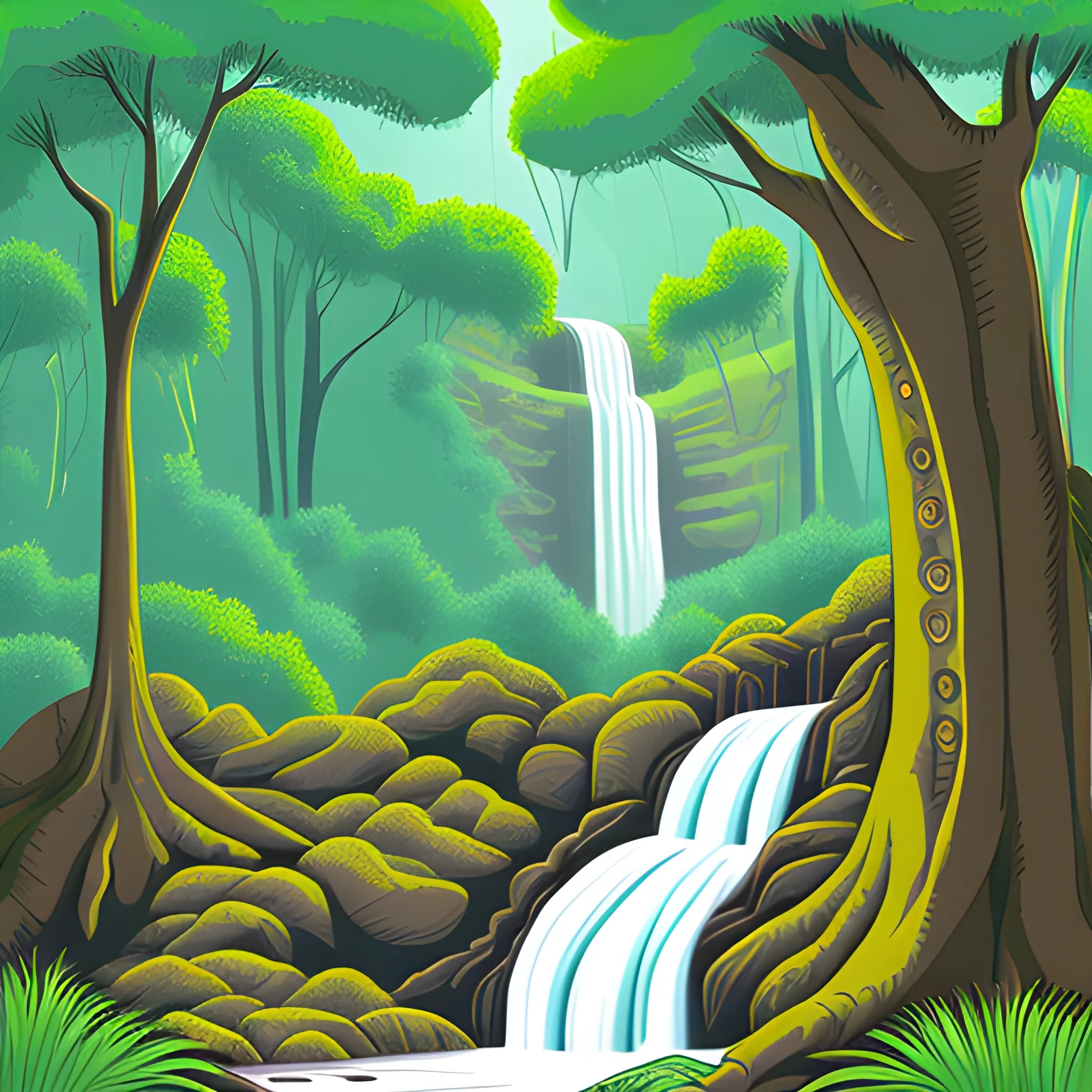 waterfall forest, Cartoon