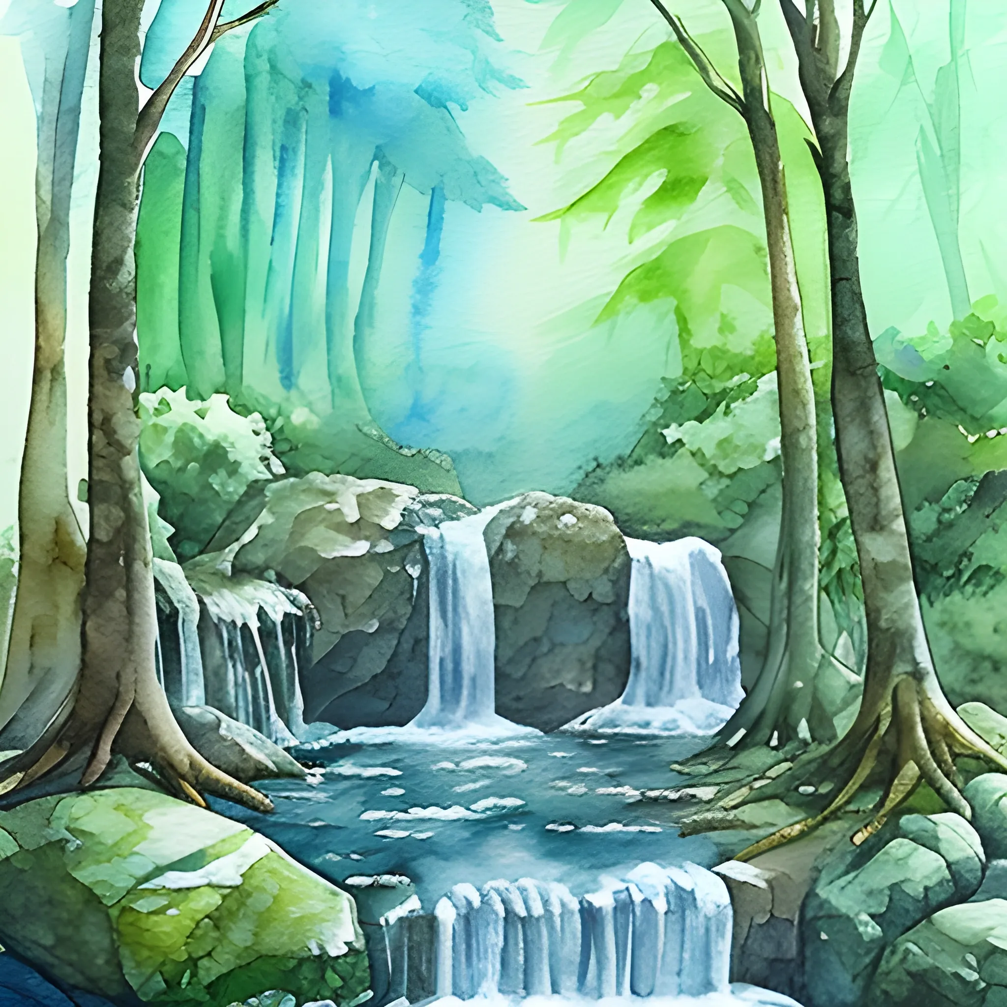 waterfall forest, , Water Color