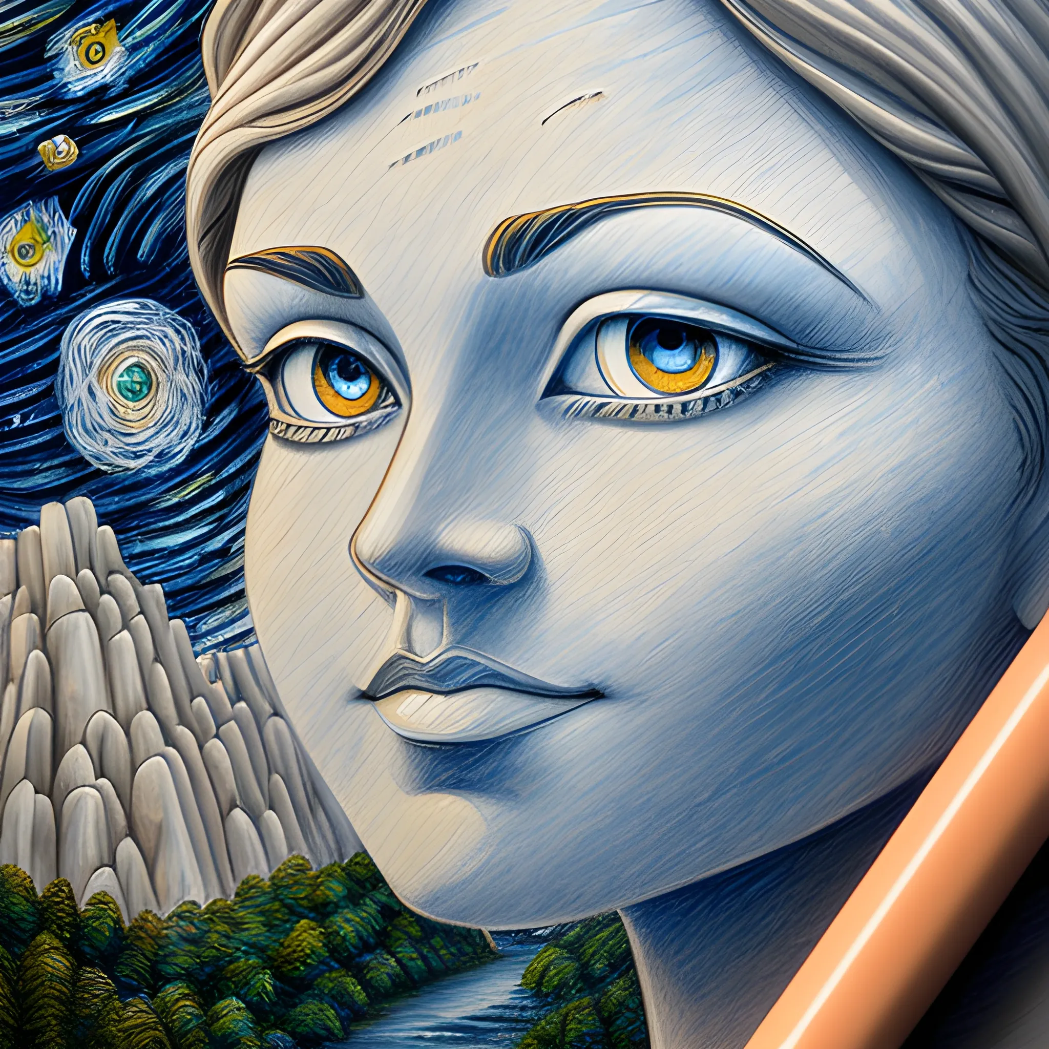 face sculpted in an immense mountain of limestone rock and waterfalls gushing from these 2 eyes towards a lake in the foreground, a starry night sky with spinning stars in the background, Cartoon, Pencil Sketch, Oil Painting