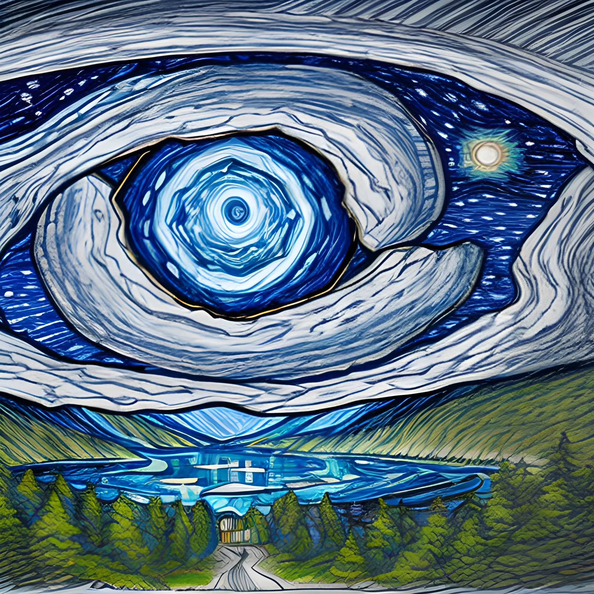  immense mountain of limestone rock and waterfalls gushing from these 2 eyes towards a lake in the foreground, a starry night sky with spinning stars in the background, Cartoon, Pencil Sketch, Oil Painting