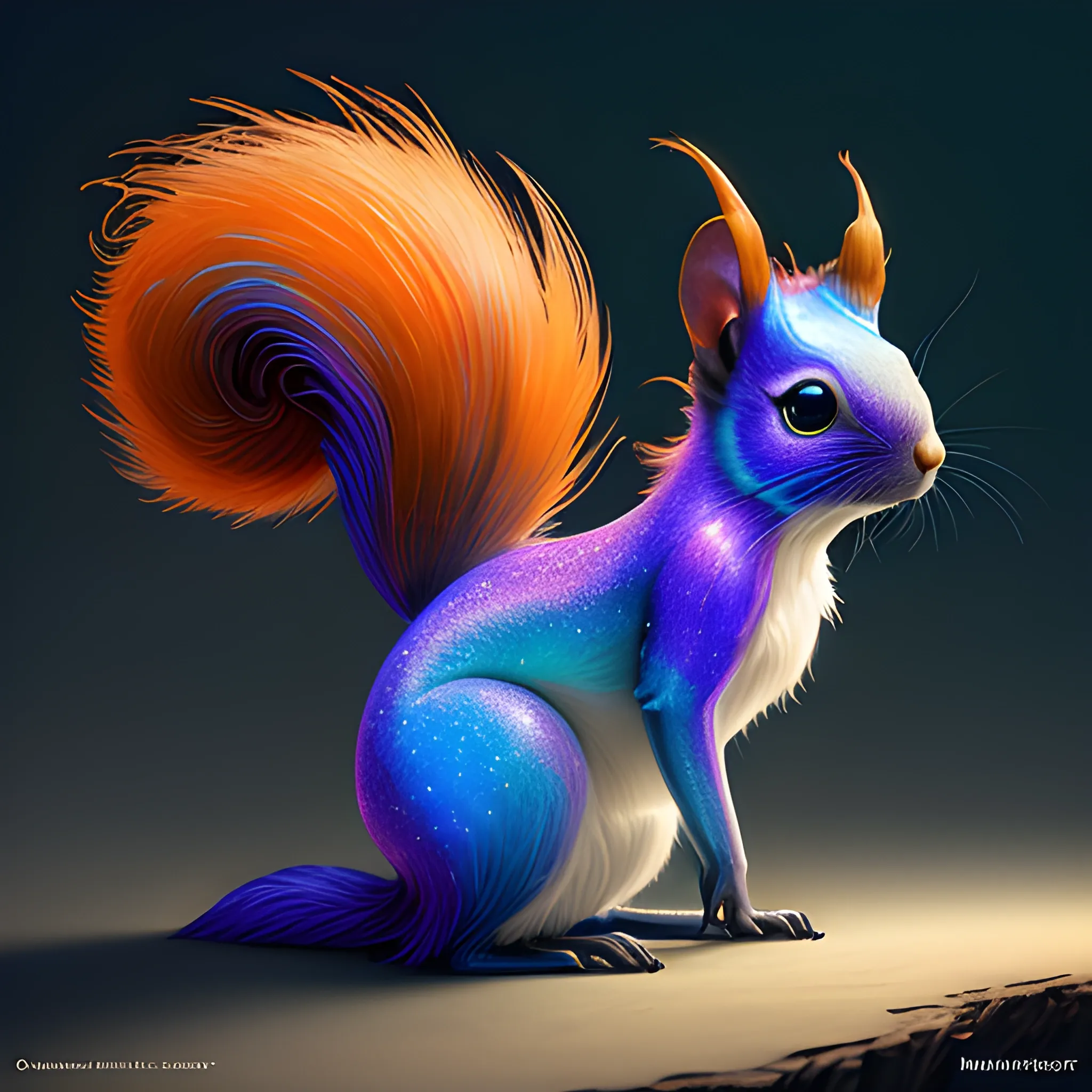 iridescent opalescent squirrel, bioluminescent, long ears, long fluffy tail: by michal karcz, daniel merriam, victo ngai and guillermo del toro : ornate, dynamic, particulate, intricate, elegant, highly detailed, brown orange, centered, artstation, smooth, sharp focus, octane render, Cartoon, 3D, Cartoon, Cartoon