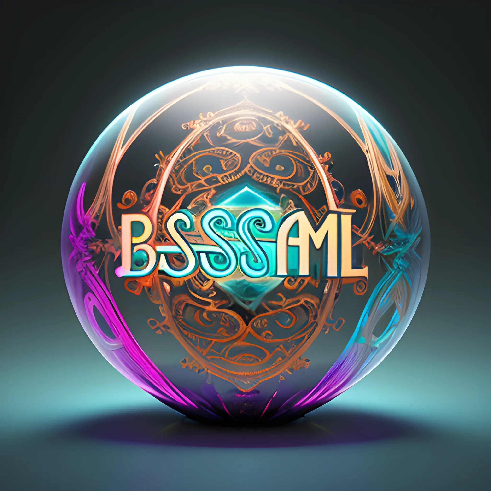 iridescent opalescent logo with the word"Basmala Galal", bioluminescent, trendy, modern, lots of details, technology, by michal karcz, daniel merriam, victo ngai and guillermo del toro : ornate, dynamic, particulate, intricate, elegant, highly detailed, brown orange, centered, artstation, smooth, sharp focus, octane render, Cartoon, 3D, Cartoon, Cartoon, Water Color