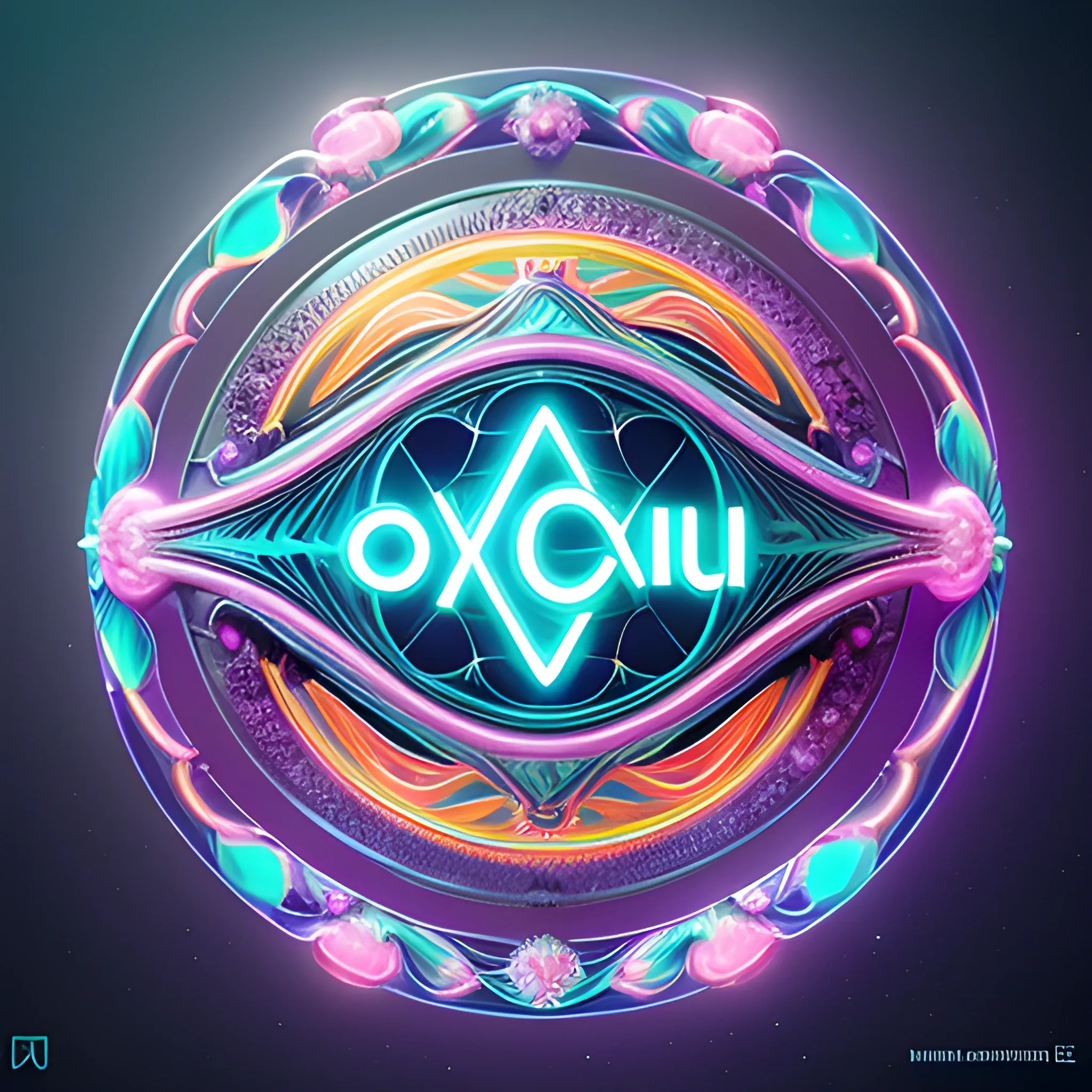 iridescent opalescent logo with the word"Basmala Galal", bioluminescent, trendy, modern, lots of details, technology, by michal karcz, daniel merriam, victo ngai and guillermo del toro : ornate, dynamic, particulate, intricate, elegant, highly detailed, brown orange, centered, artstation, smooth, sharp focus, octane render, Cartoon, 3D, Trippy