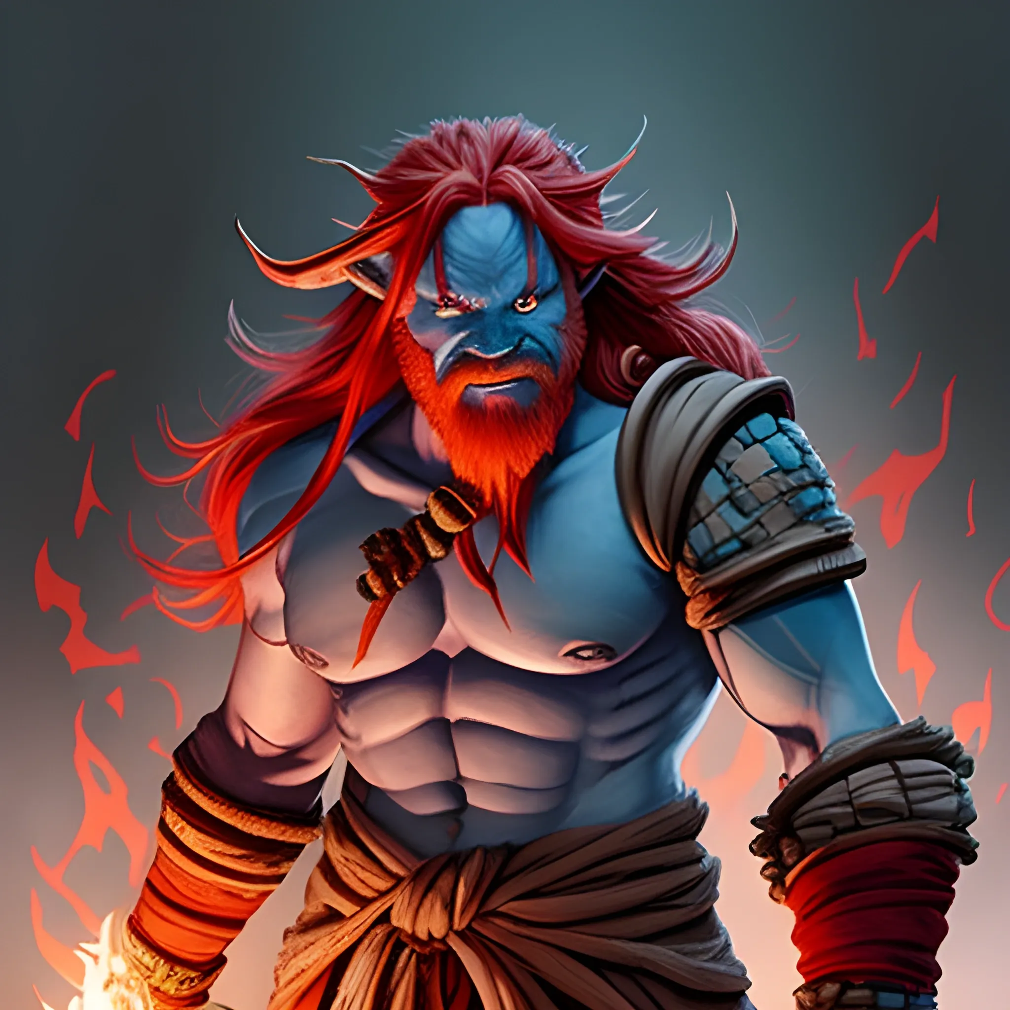 DND firbolg, angry, blue skin, long red hair, open harms with fire hands
