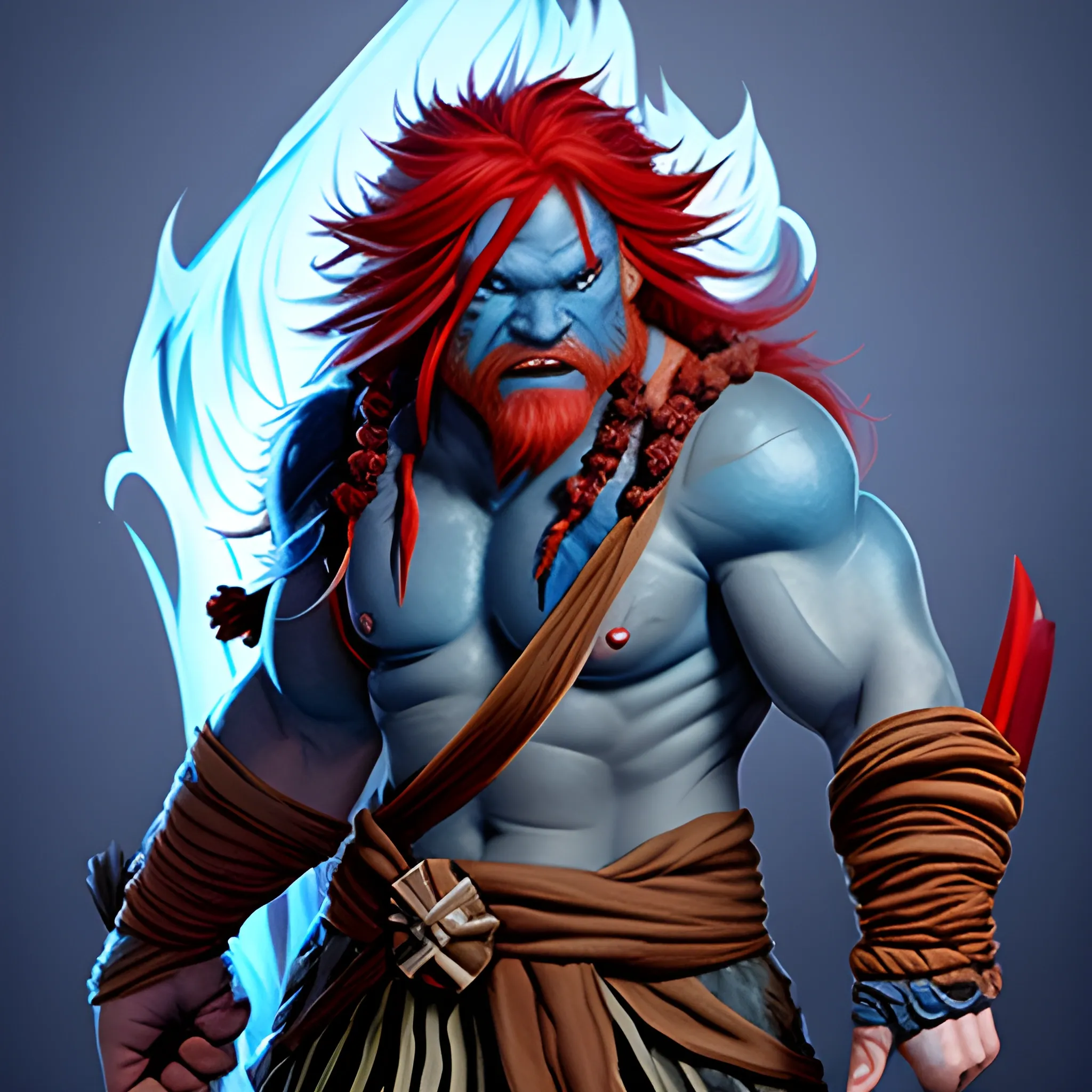 DND firbolg, angry, blue skin, long red hair, open harms with fire hands
