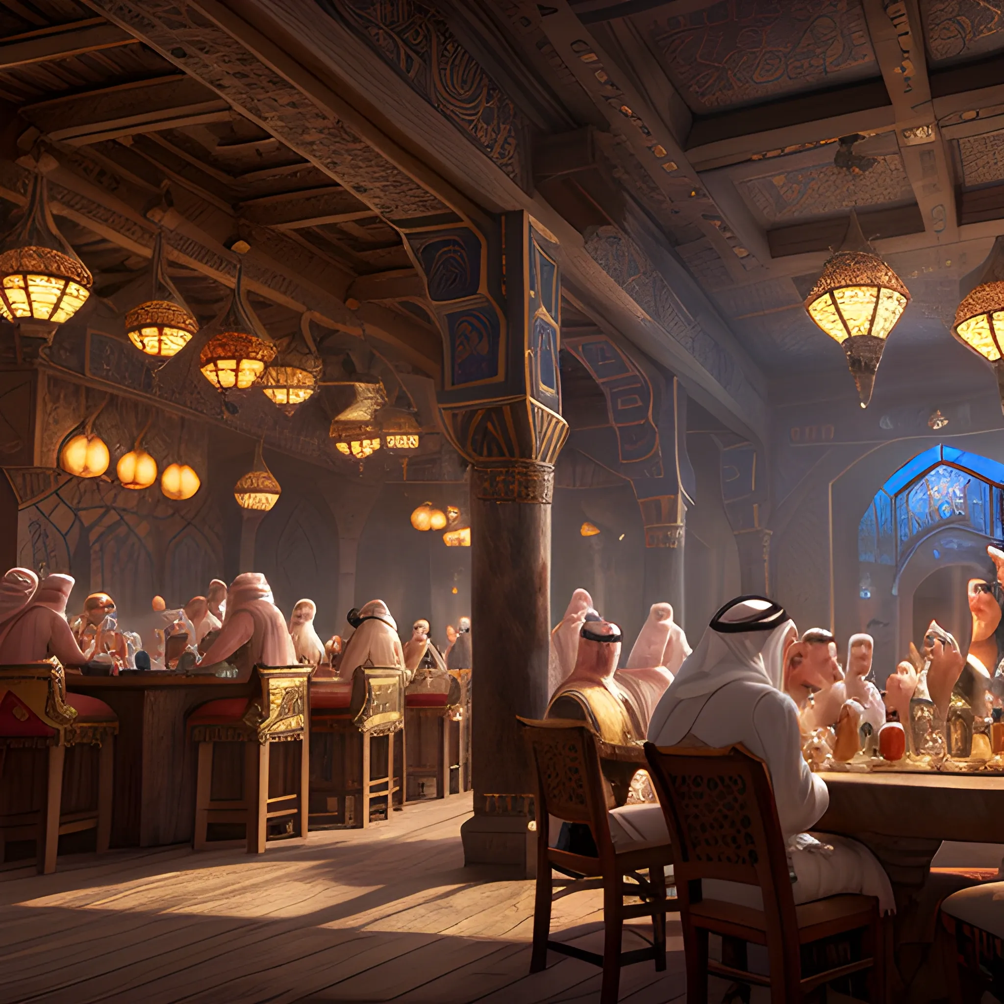 Arabian tavern with guests, show on the stage, people, show, medieval, 8k, high resolution, high quality, photorealistic, hyperrealistic, detailed, detailed matte painting, deep color, fantastical, intricate detail, splash screen, complementary colors, fantasy concept art, 8k resolution trending on Artstation Unreal Engine