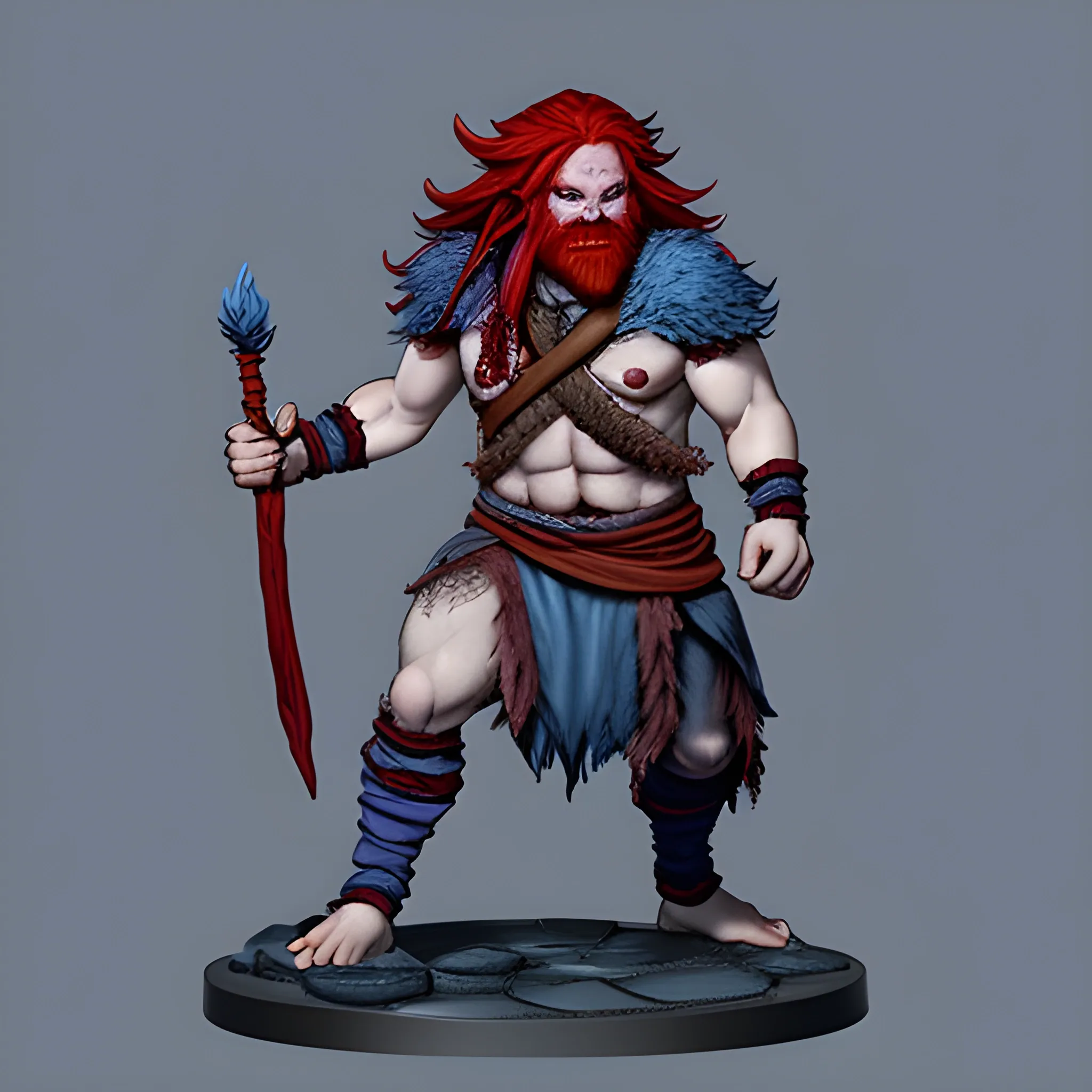 DND firbolg, angry, blue skin, long red hair, open harms with fire hands, leaf clothes, full body
