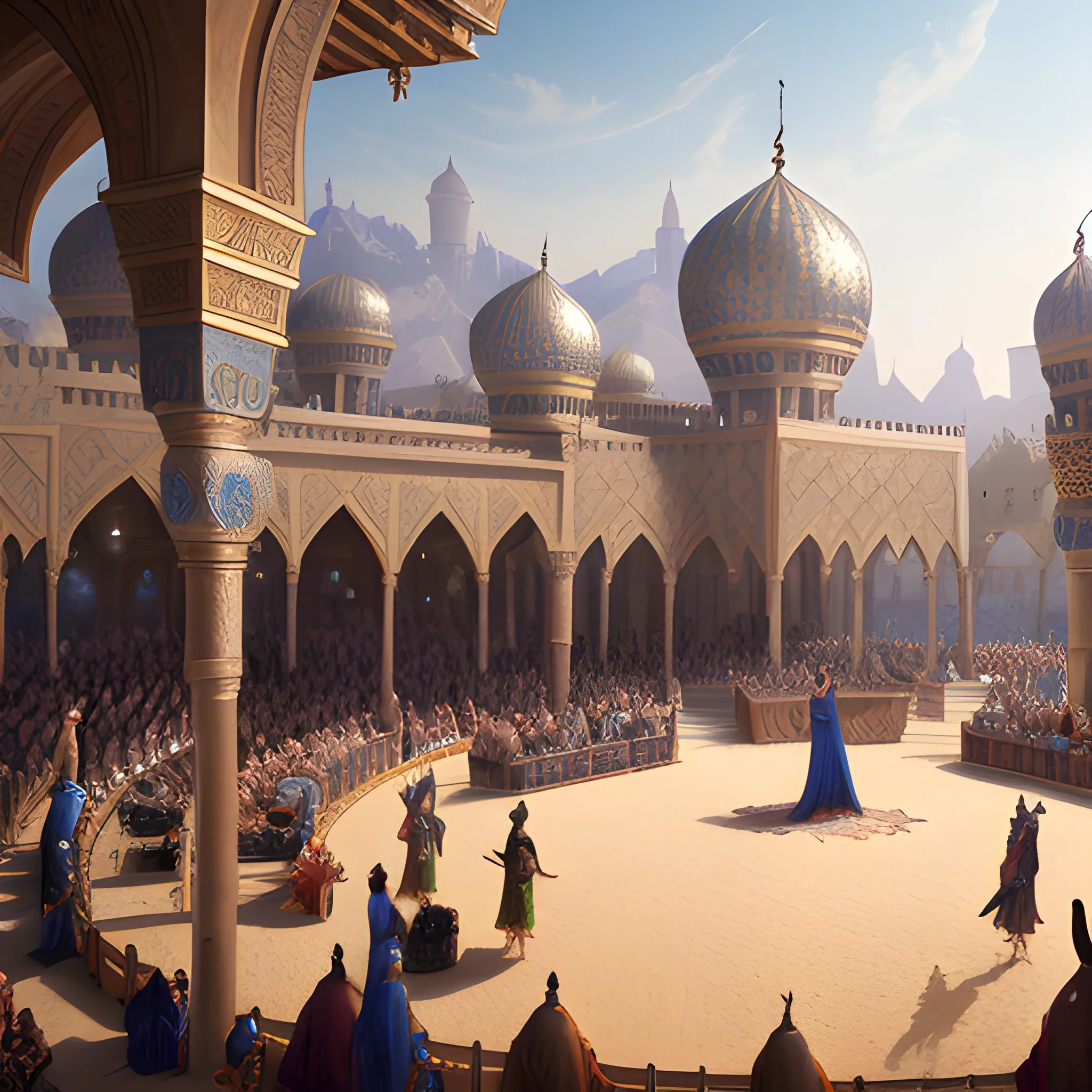 show on the stage, Arabian style, people, show, medieval, 8k, high resolution, high quality, photorealistic, hyperrealistic, detailed, detailed matte painting, deep color, fantastical, intricate detail, splash screen, complementary colors, fantasy concept art, 8k resolution trending on Artstation Unreal Engine