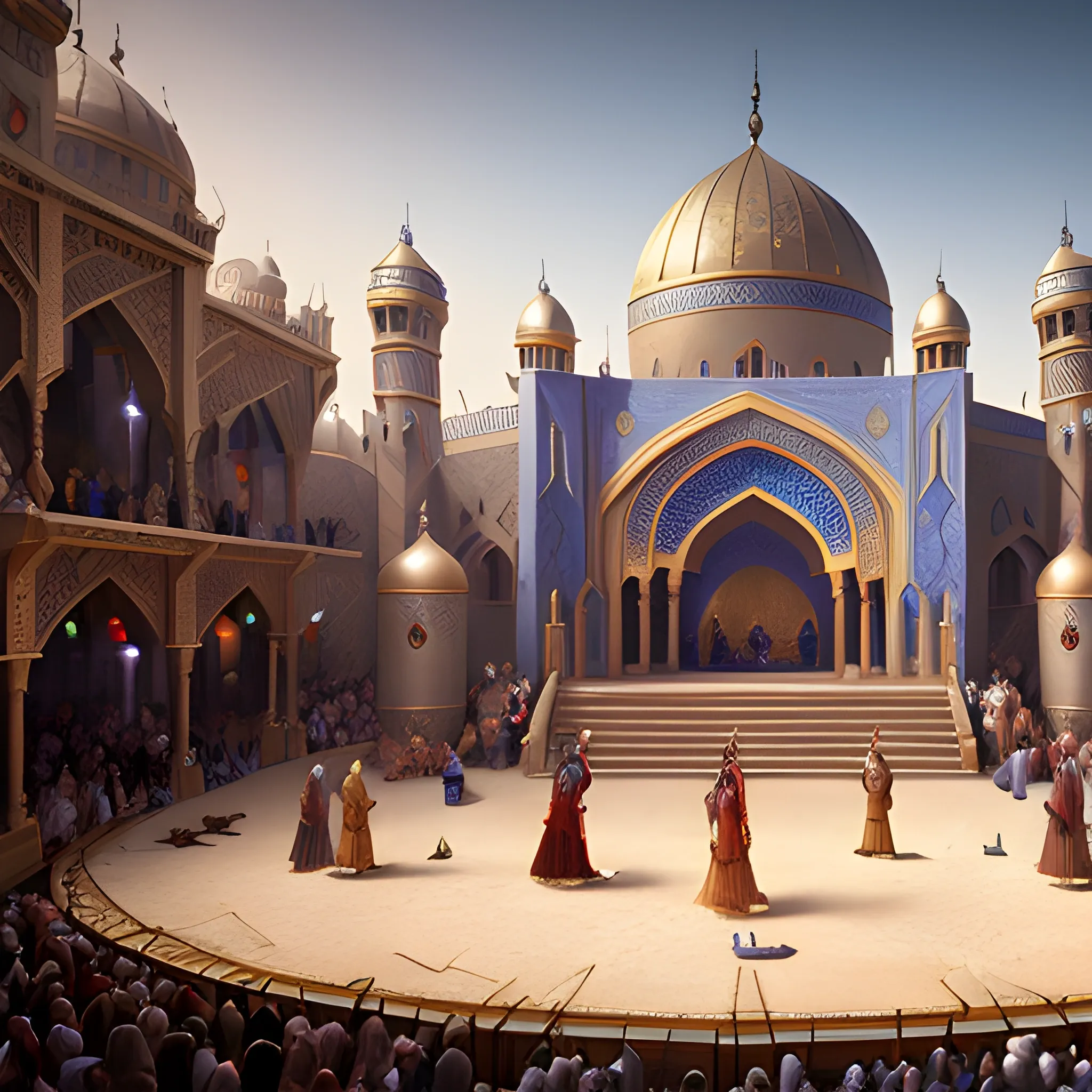 show on the stage, Arabian style, people, show, medieval, 8k, high resolution, high quality, photorealistic, hyperrealistic, detailed, detailed matte painting, deep color, fantastical, intricate detail, splash screen, complementary colors, fantasy concept art, 8k resolution trending on Artstation Unreal Engine