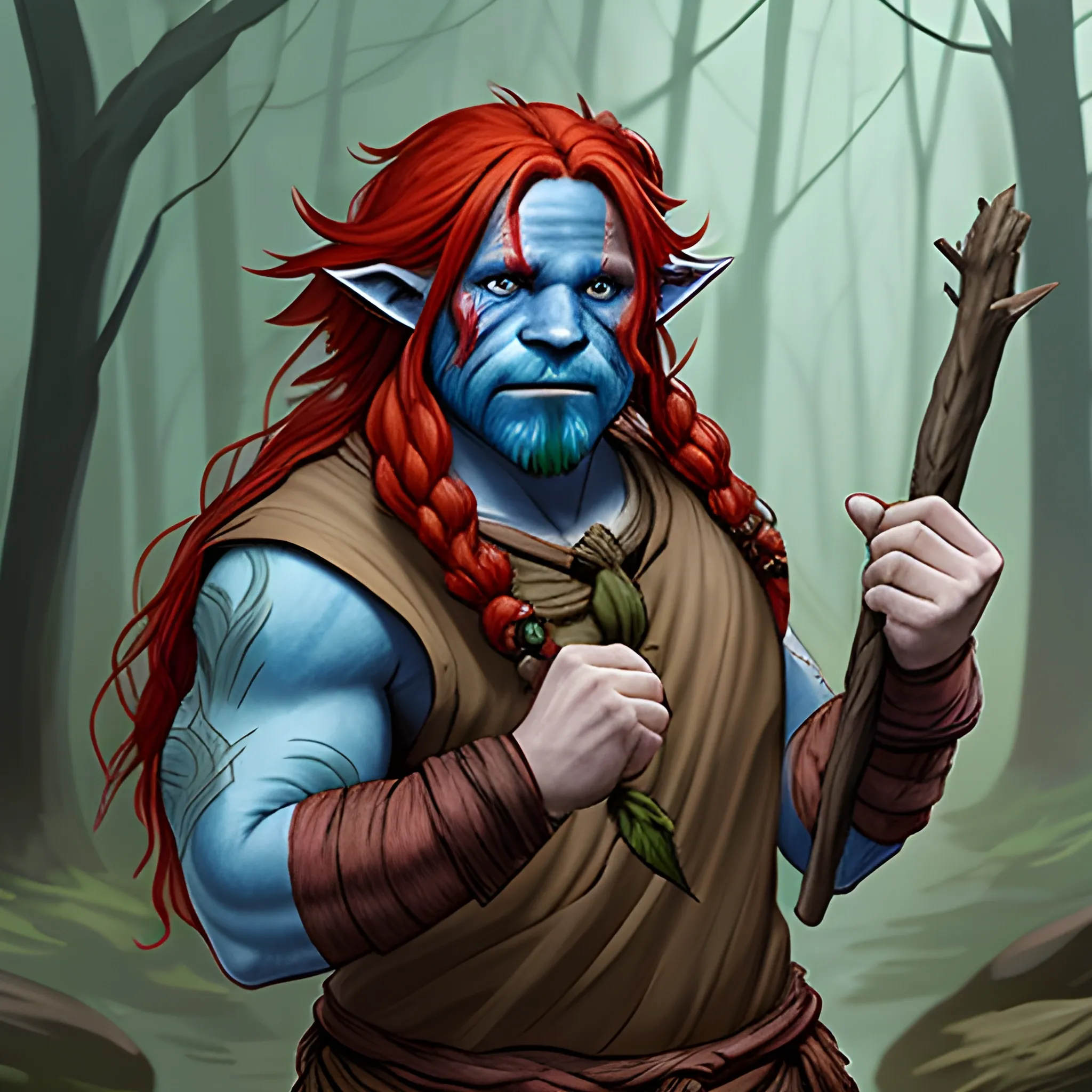 DND firbolg, angry, blue skin, long red hair, open harms, fire in hands, leaf clothes, full body, leaf shirt on
