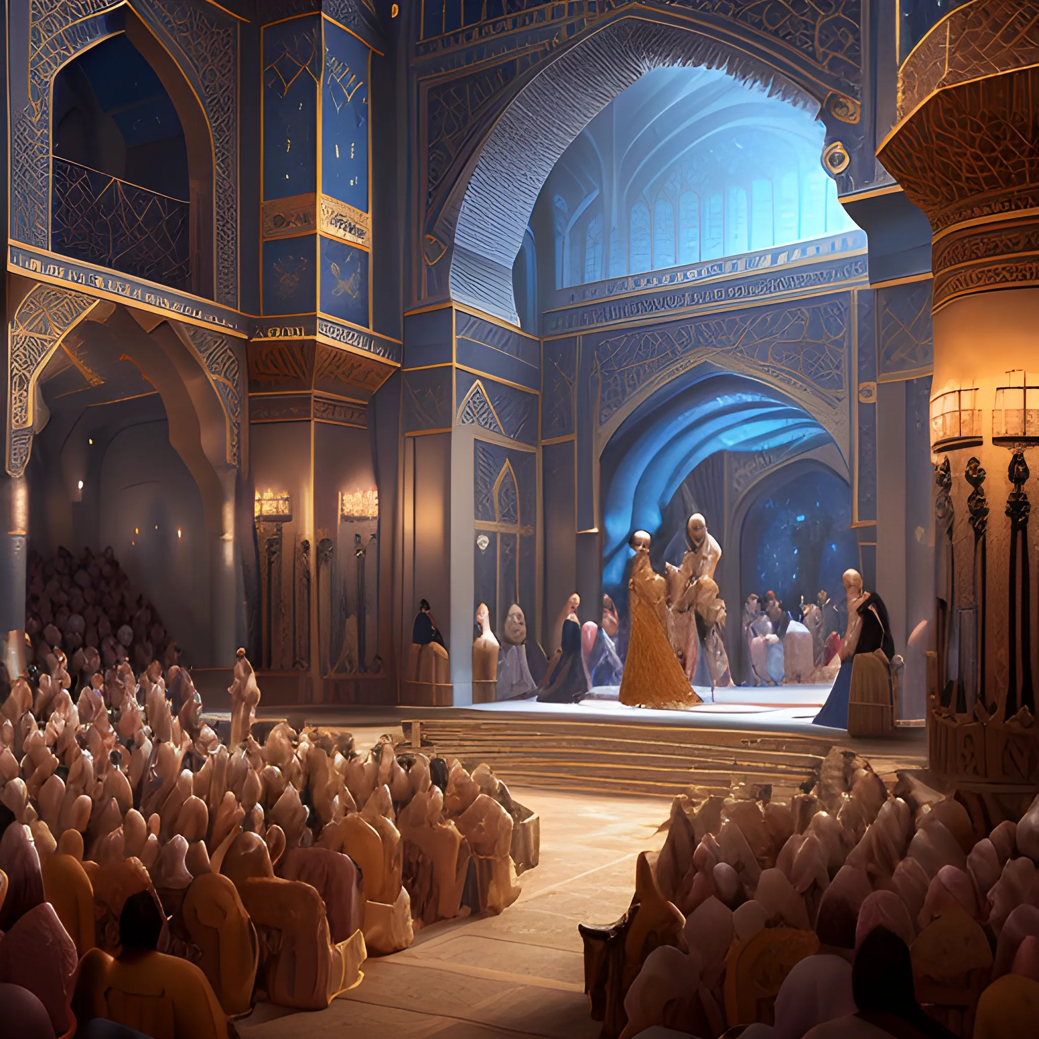 show on the stage, Arabian style, people, show, medieval, 8k, high resolution, high quality, photorealistic, hyperrealistic, detailed, detailed matte painting, deep color, fantastical, intricate detail, splash screen, complementary colors, fantasy concept art, 8k resolution trending on Artstation Unreal Engine