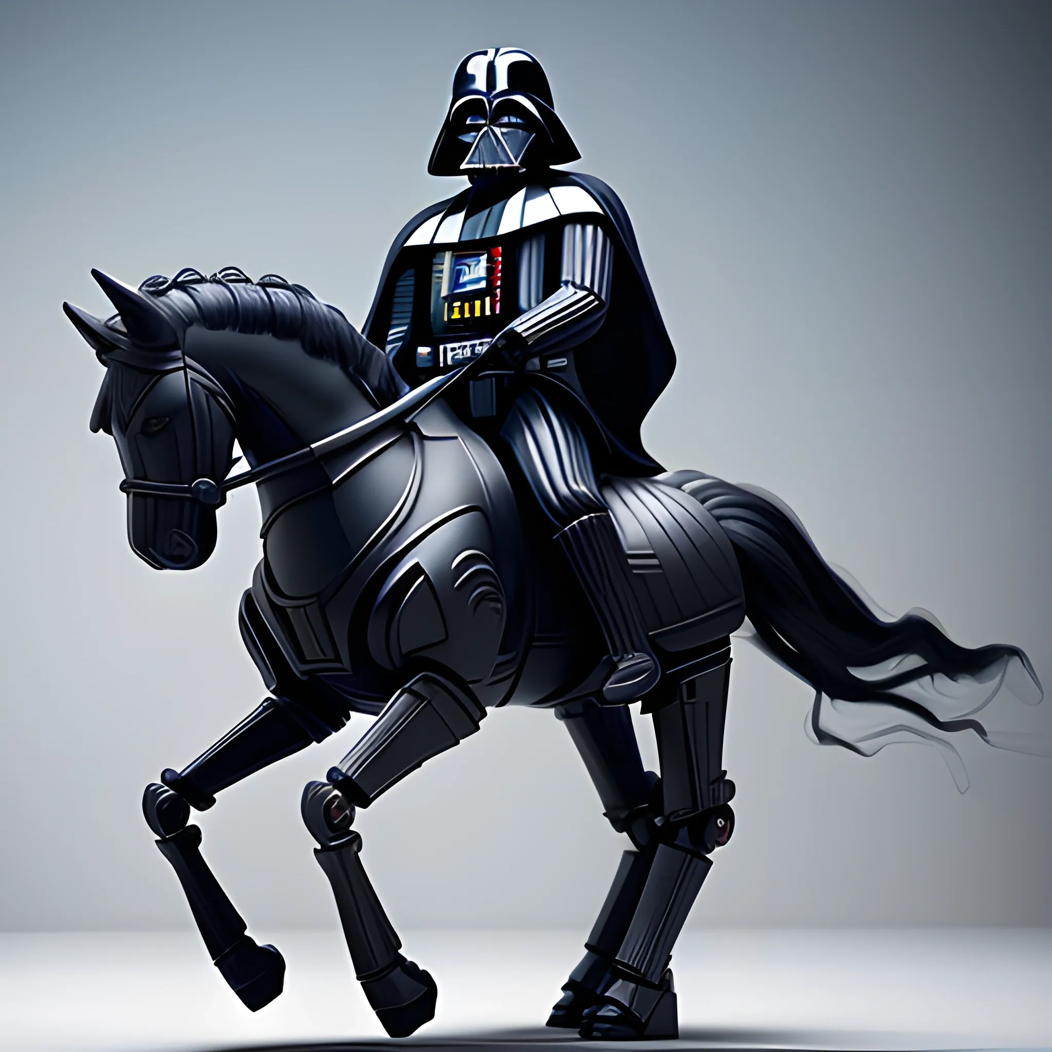 Darth Vader riding a white robot pegasus, Photo Realism