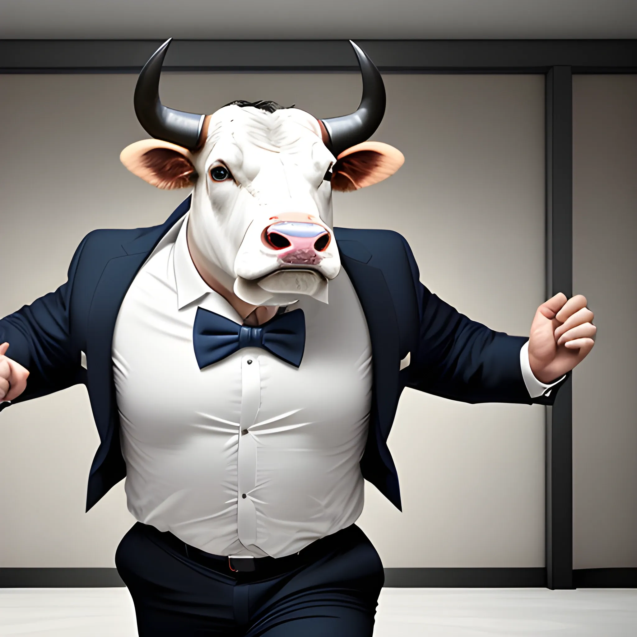 a aggressive bull in a Business suite with a bow tie ready to run.