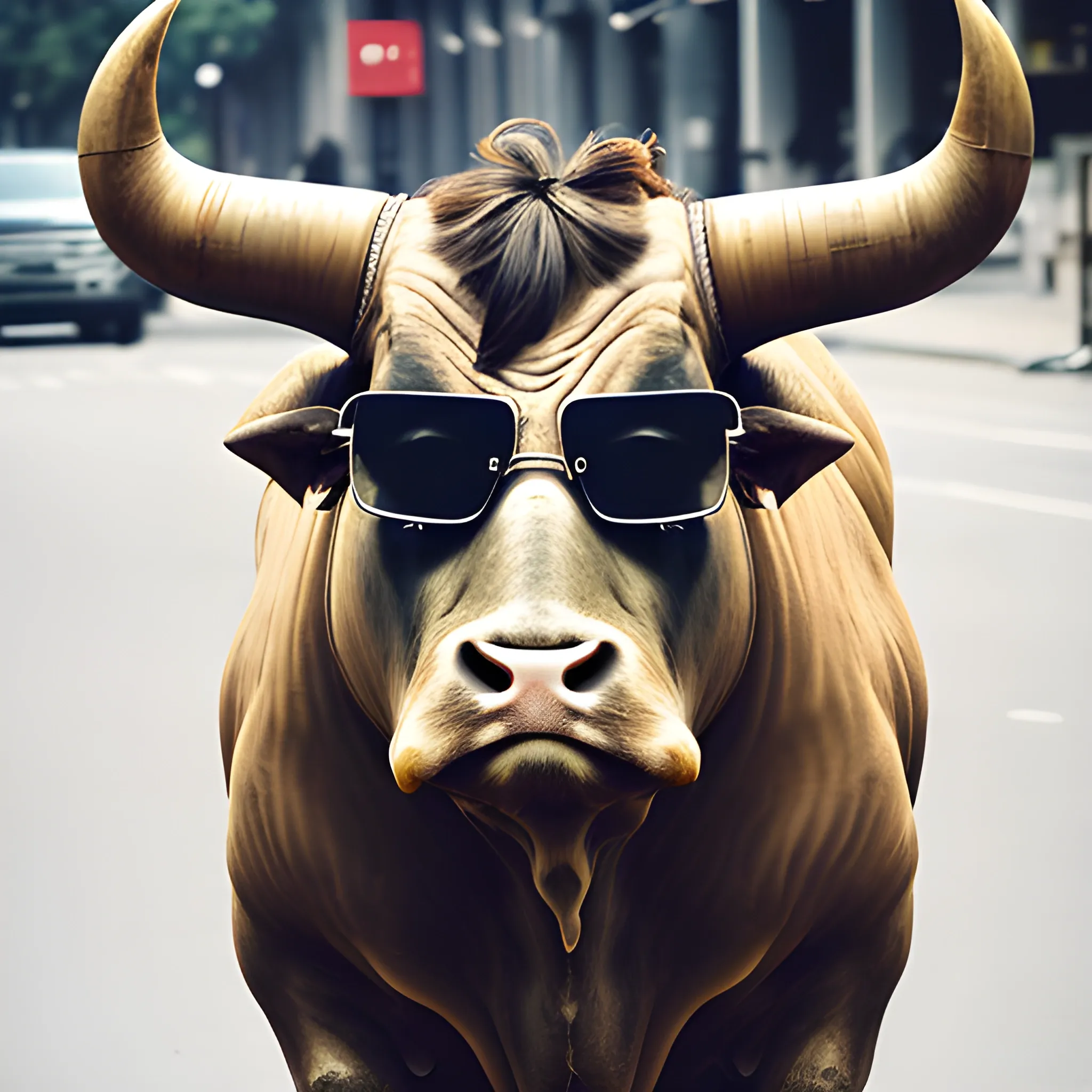 a aggressive bull with rugged looks, Wearing glasses and street outfit Ready to go for a Bull Run. 