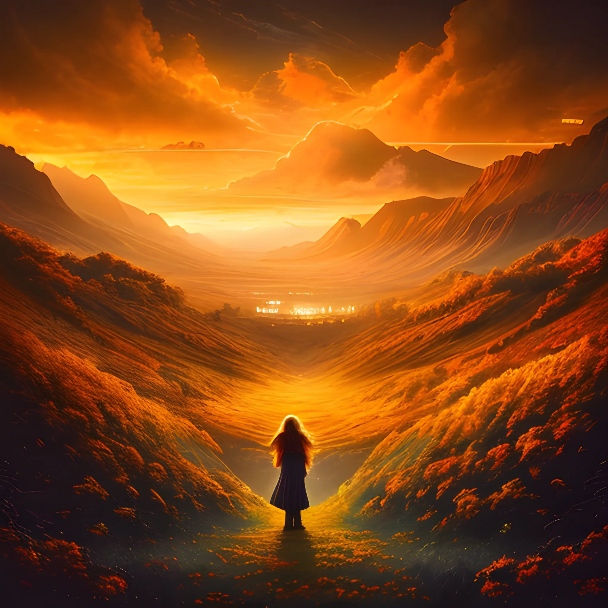 a beautiful landscape photo inspired by arcadia, cinematic atmospheric masterpiece, award winning, hyperdetailed, fantastic, wonderful with a mid-aged modern looking woman with mid-long hair that is very happy, after life has made her strong, with yellow and orange tones.

