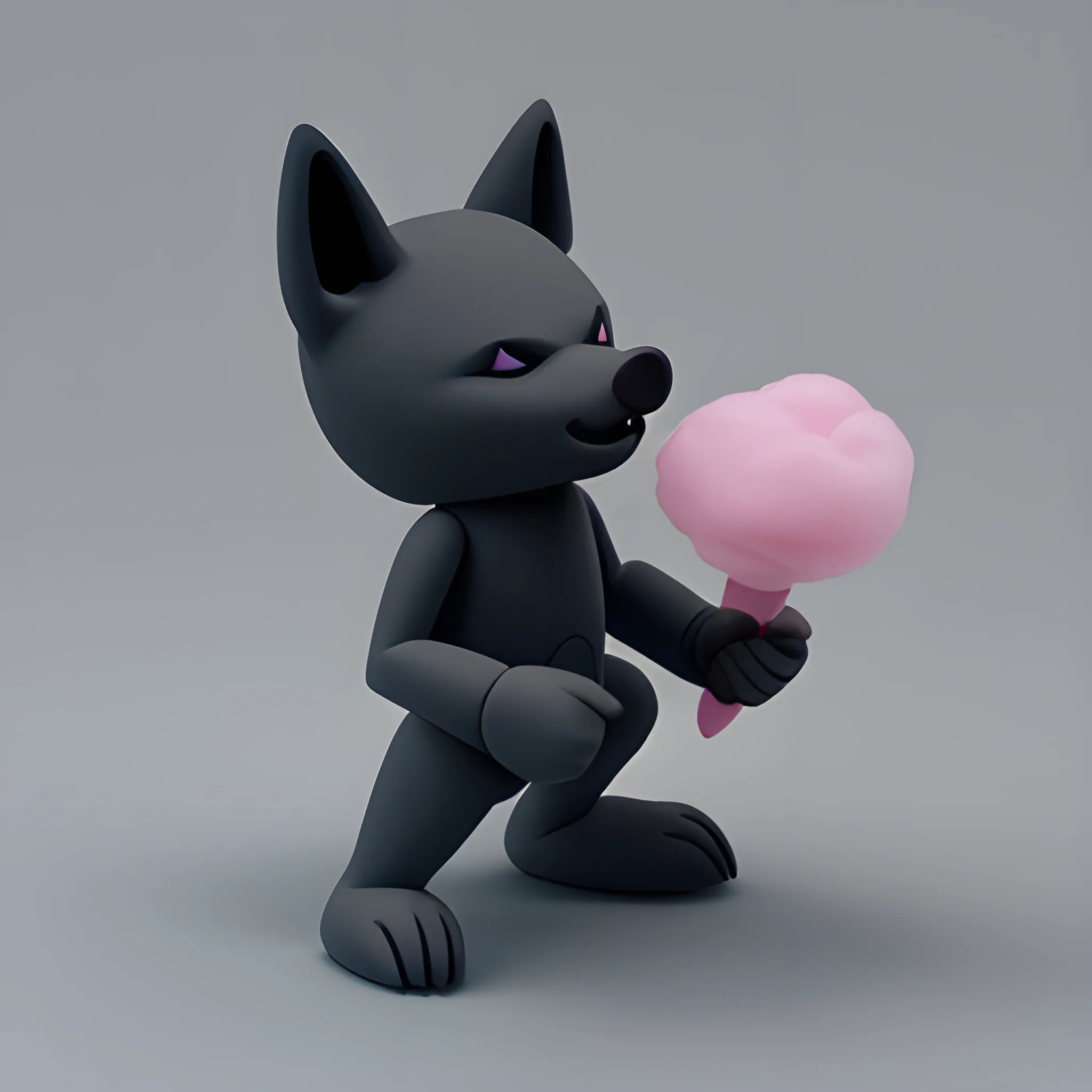 Minimalism, silluette, 3/4 profile figure,  mouth of wolfman kwaii toy eating cotton candy, Cartoon, 3D,