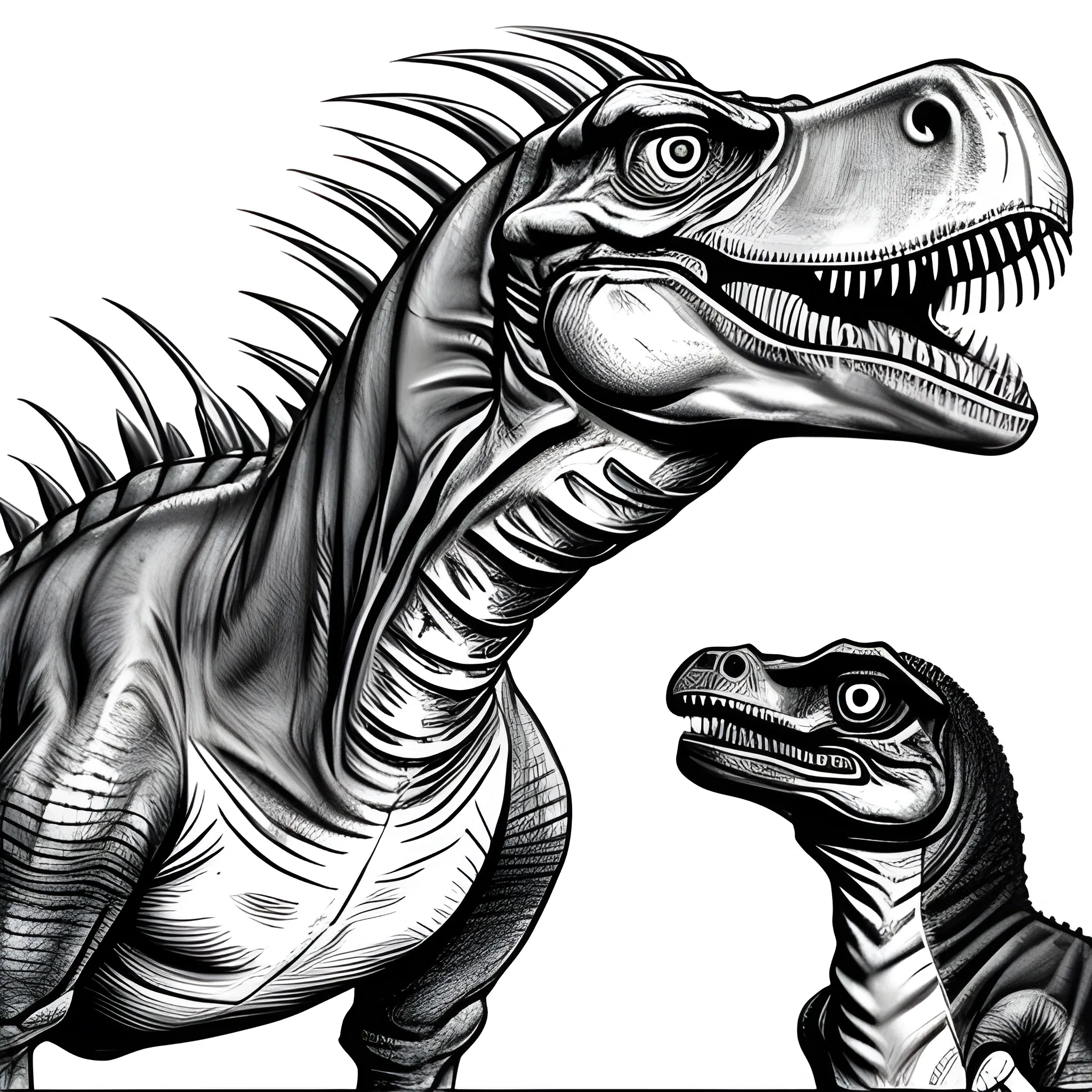 Two dinosaurs, one a velociraptor the other a T-Rex, facing each other.
NEITHER dinosaur should have horns.  The velociraptor should be red-toned, the T-Rex brown-toned.   It should be in the style of a professional science text book, and they should not look like cartoons., Pencil Sketch