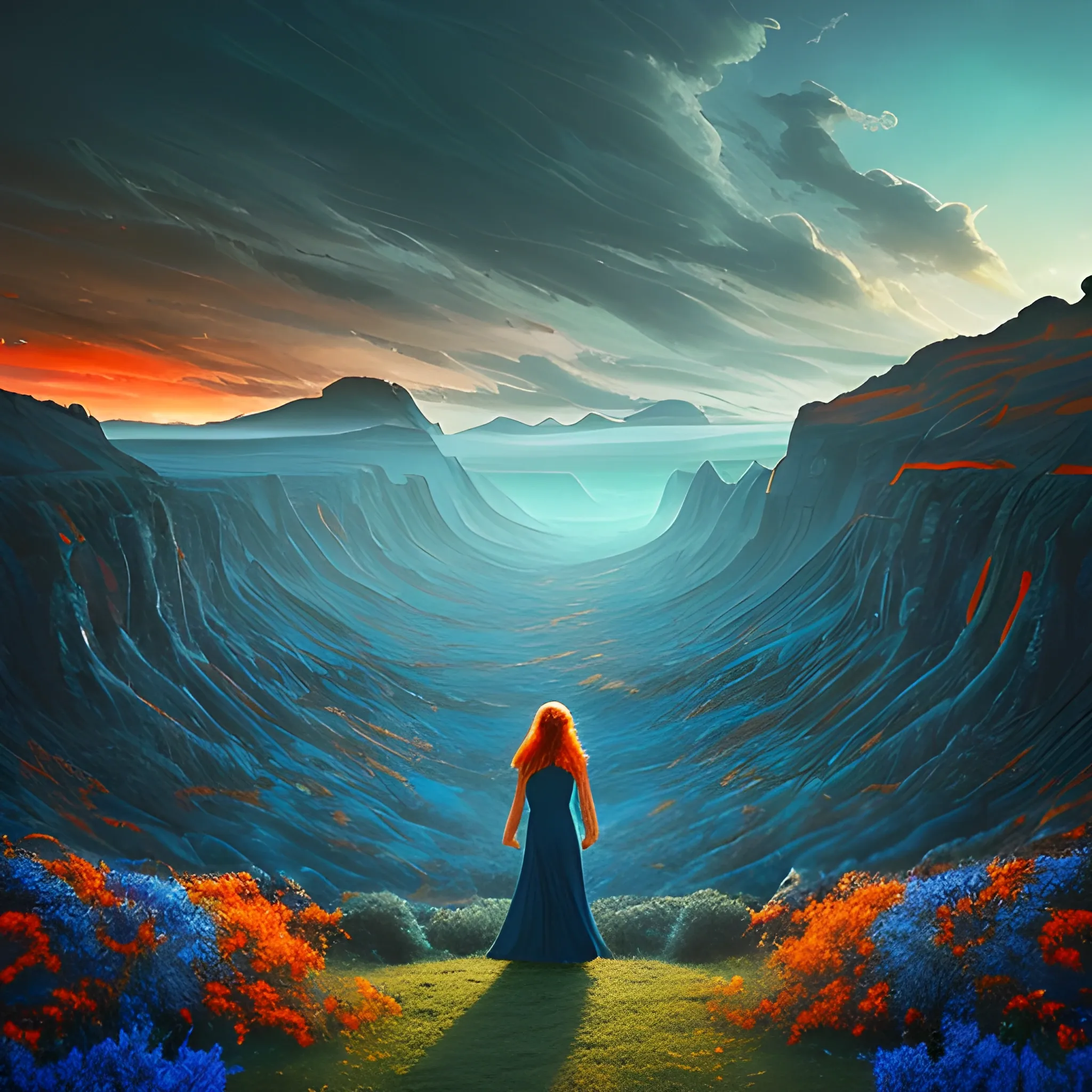 a beautiful landscape photo inspired by arcadia, cinematic atmospheric masterpiece, award winning, hyperdetailed, fantastic, wonderful with a mid-aged modern looking woman with mid-long hair looking at this scenary knowing she is happy after that life has made her strong, with blue and orange tones.

