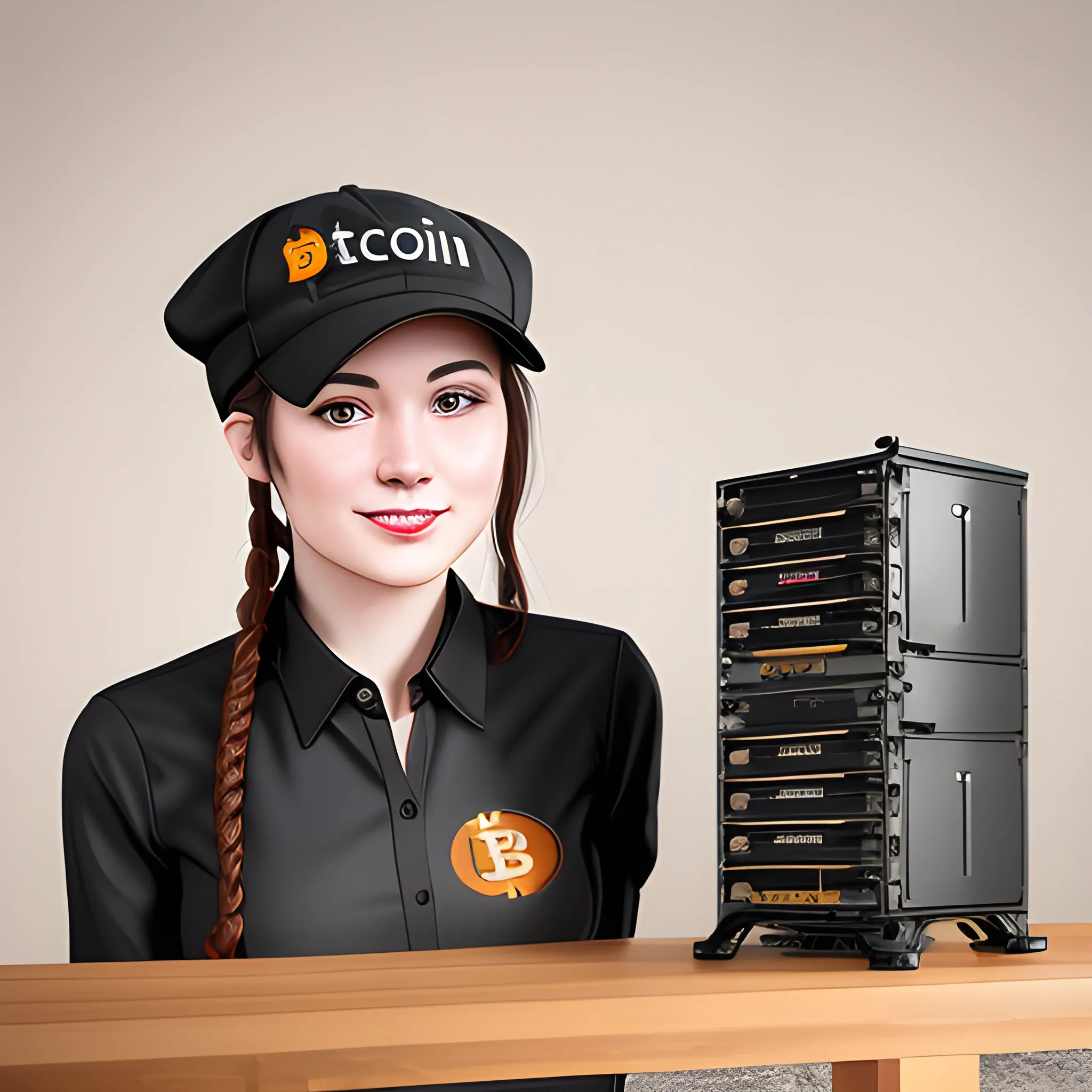 Realistic bitcoin mining rig hostess, style fotografic
