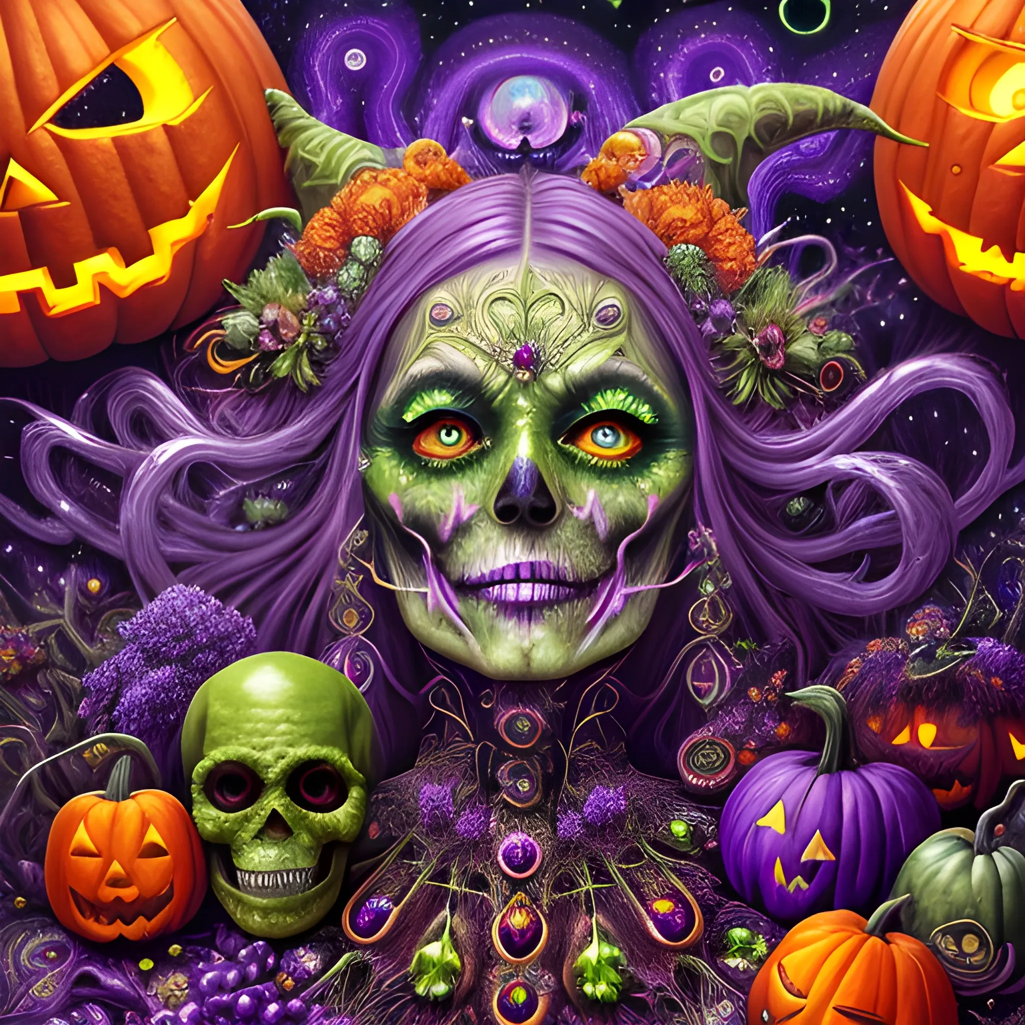  hyperdetailed oil on canvas, a beautiful Halloween Witch, detailed face; orange, green, purple, sparkle fairy dust, glitter, neon grape purple pumpkins, green skulls, orange bats, meticulously detailed; magic, surrounded by luminous color sparkles and marijuana plants, outdoors, starry night, full moon in a psychedelic nebula sky