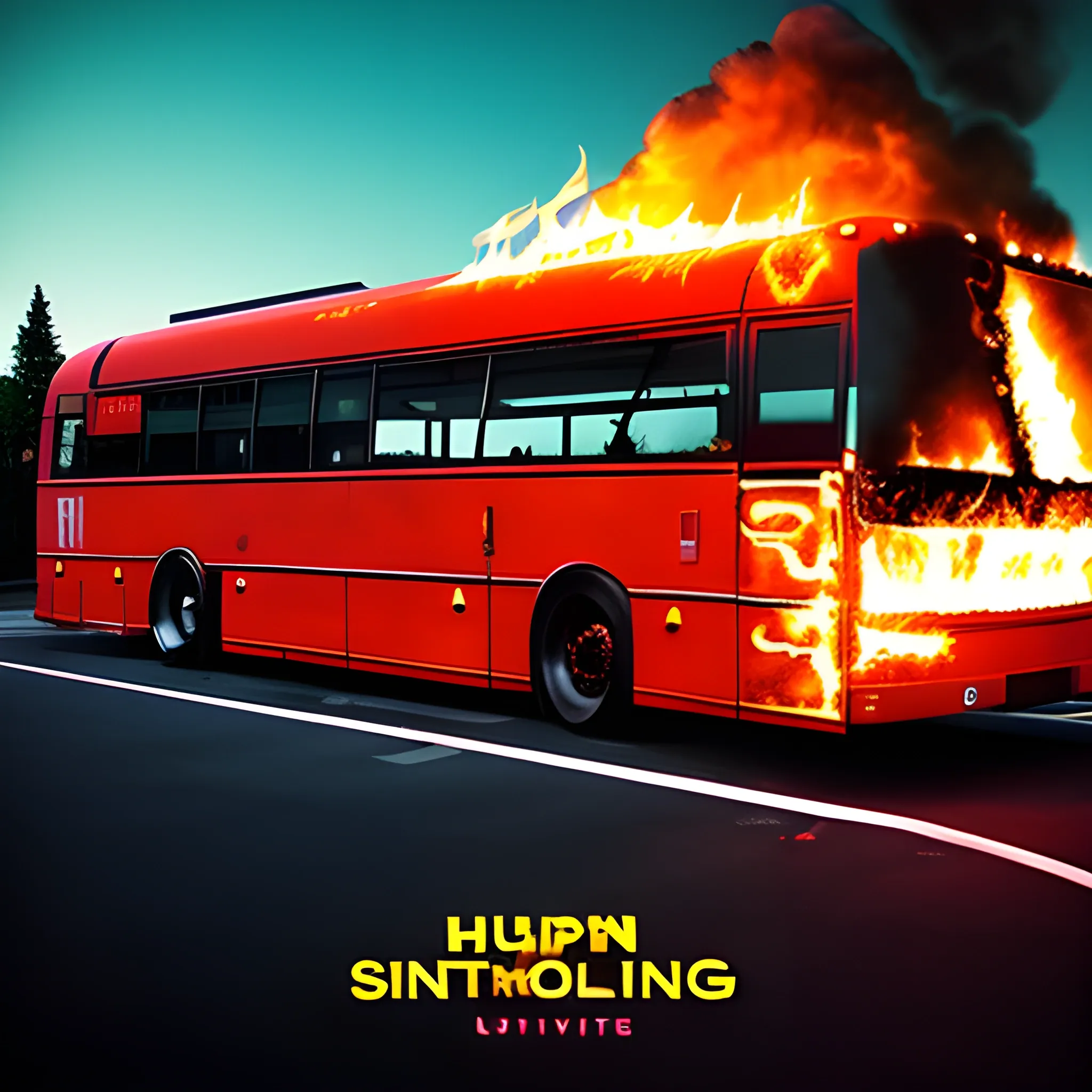 hip-hop/rap album cover of a school bus burning in flames in a lonely parking lot at night with a 90s aesthetic, Realistic