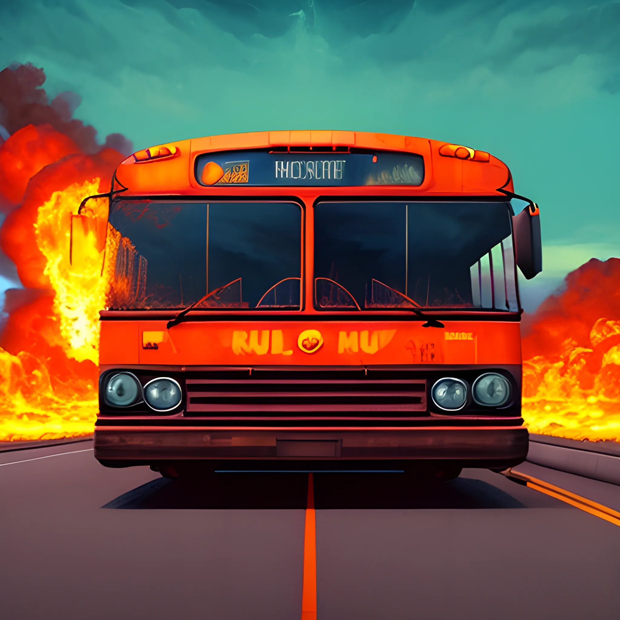 Hip-hop/rap album cover of a school bus burning in flames in a lonely parking lot at night with a 90s aesthetic, with text below the image saying "Runaway", Oil Painting