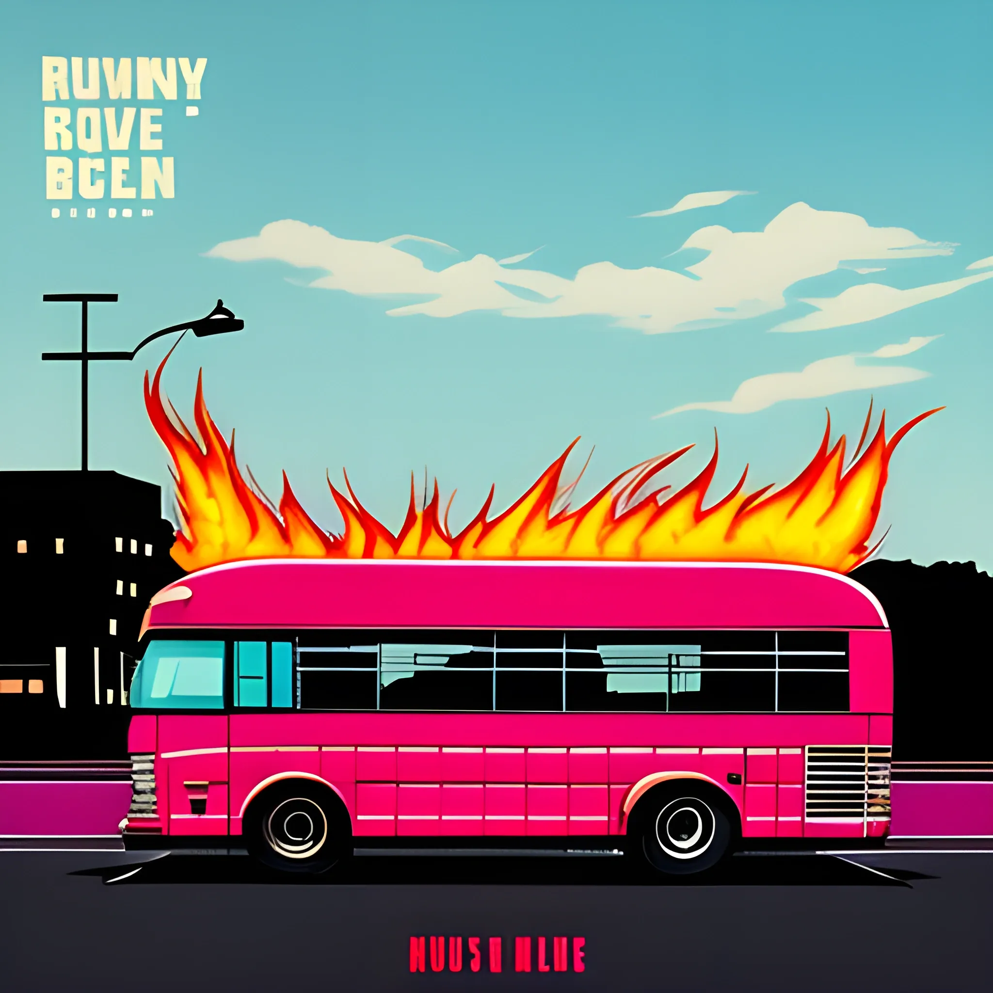 Hip-hop/rap album cover of a school bus burning in flames in a lonely parking lot at night with a 90s aesthetic, with text below the image saying "Runaway", Cartoon